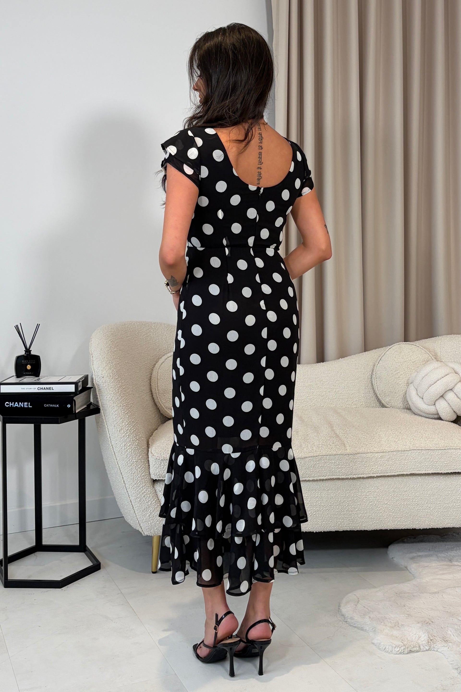 Roxy Boat Neck Frill Midi Black Spot