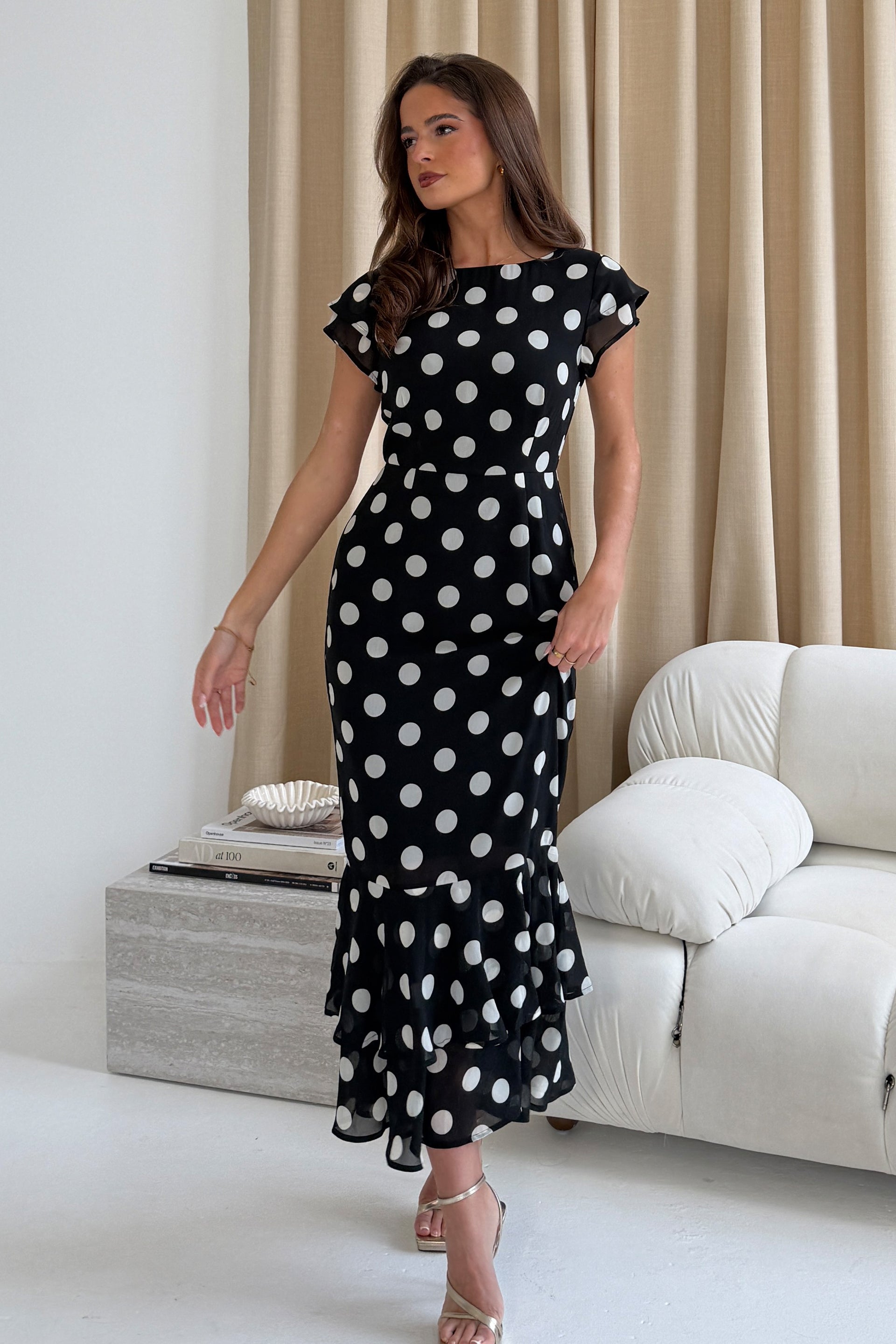 Roxy Boat Neck Frill Midi Black Spot