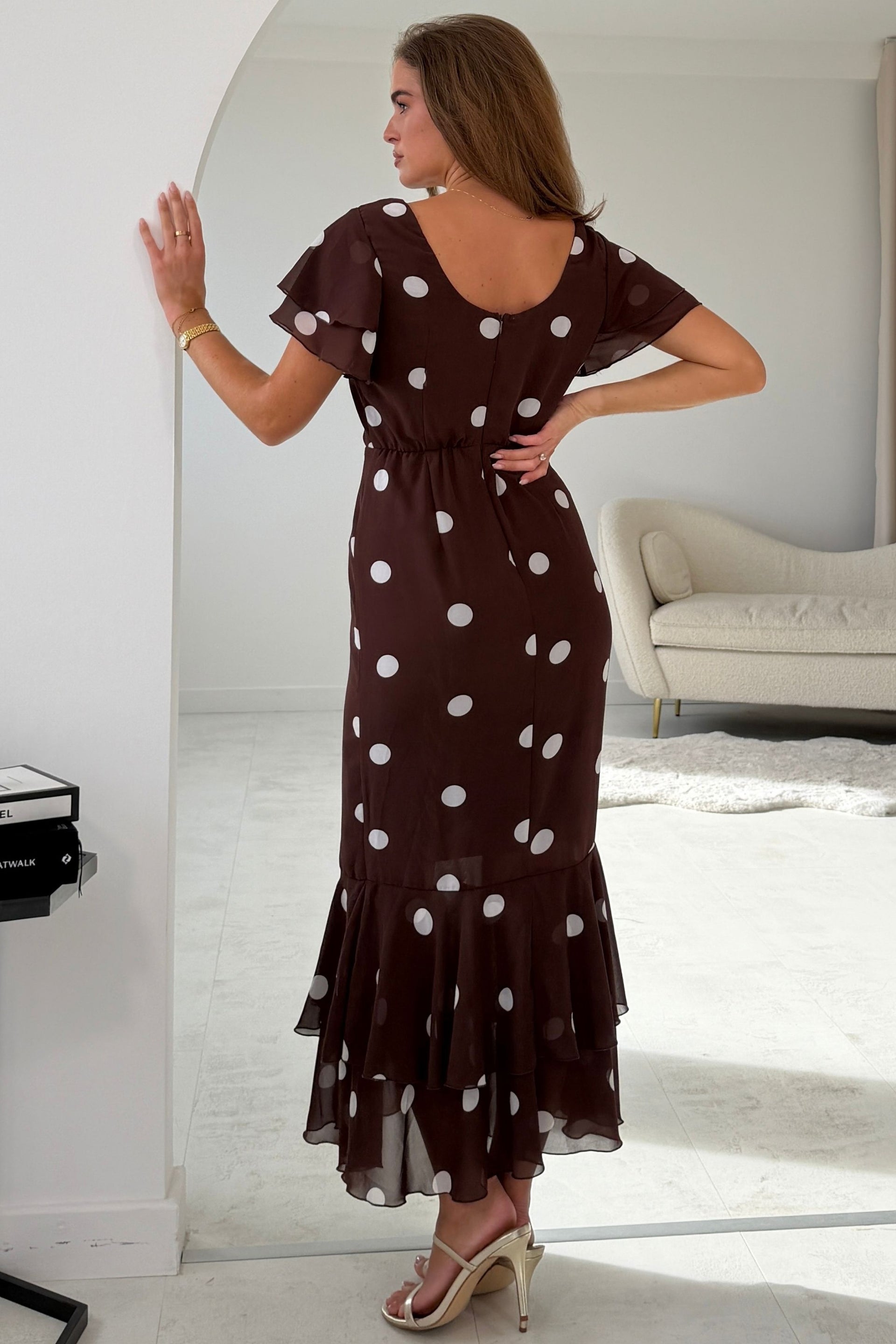 Roxy Boat Polka Dot Neck Frill Midi Brown