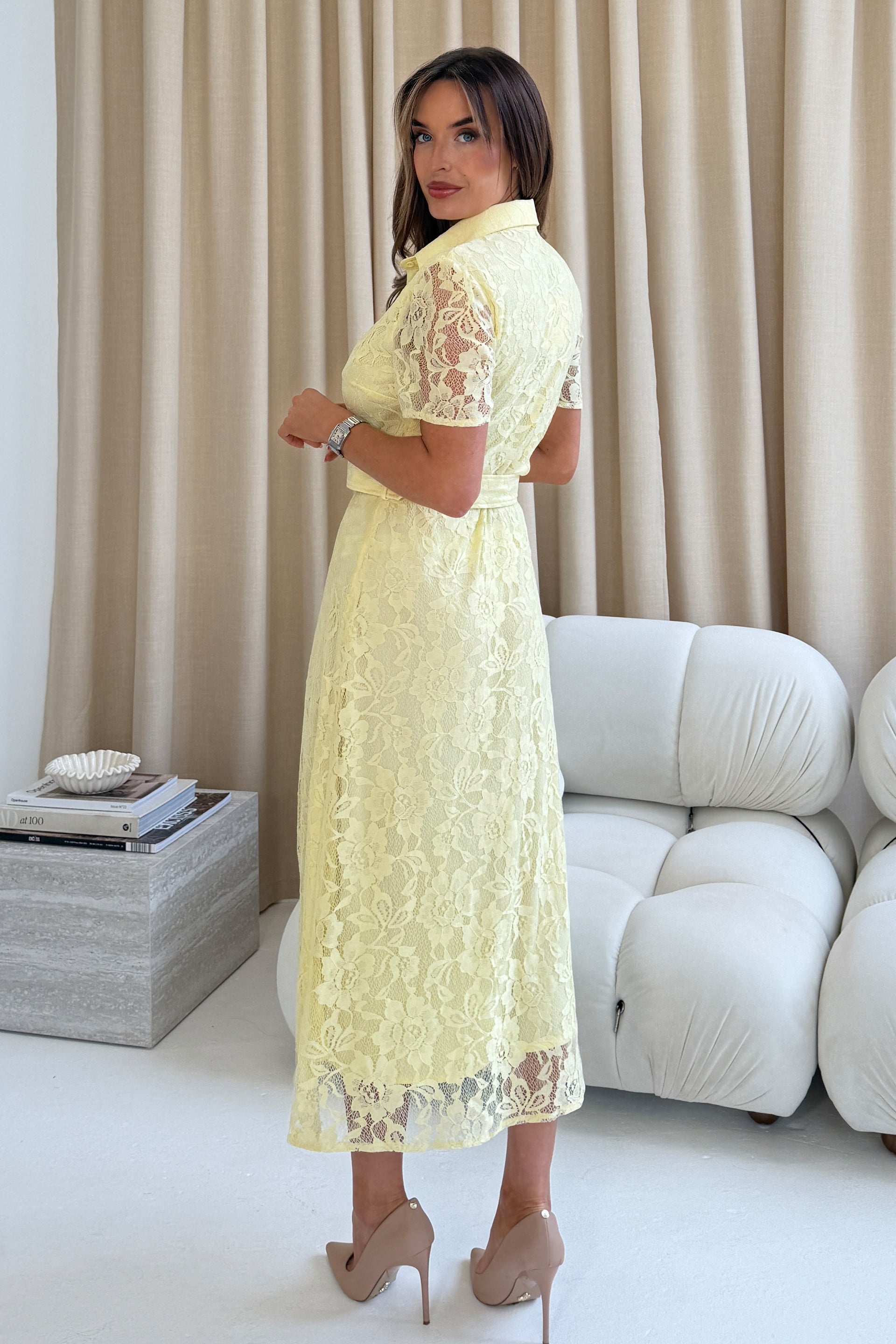 Tansy Short Sleeve Lace Shirt Dress Yellow