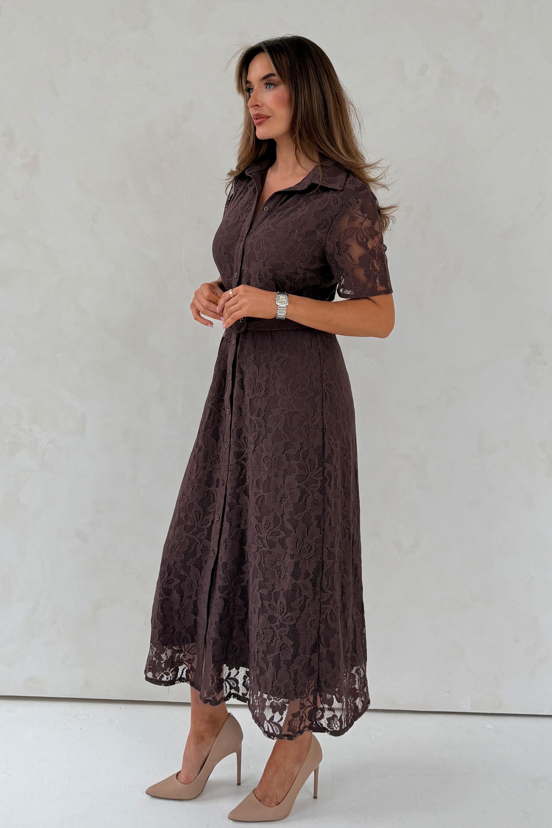 Tansy Short Sleeve Lace Shirt Dress Brown – Girl In Mind