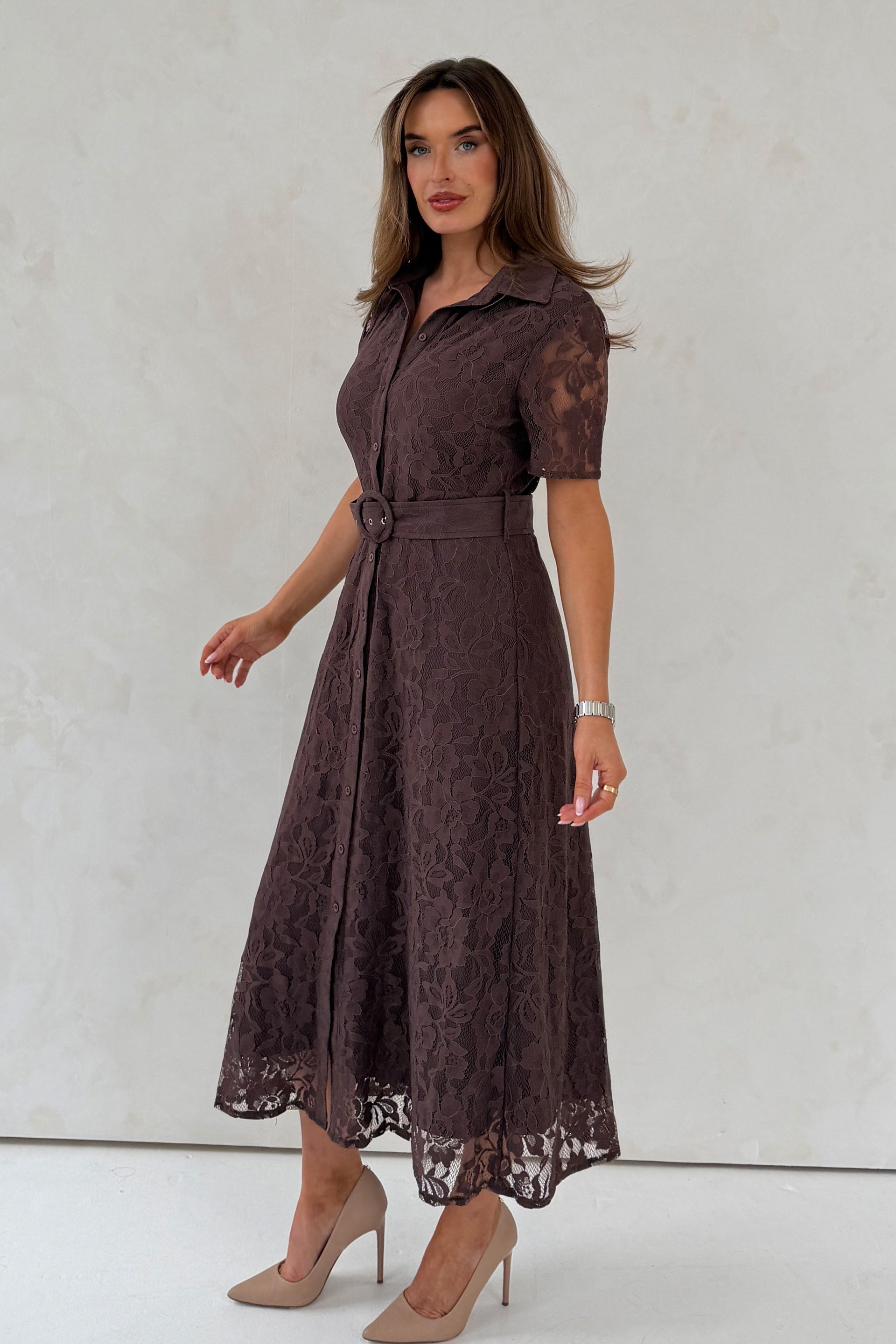Tansy Short Sleeve Lace Shirt Dress Brown