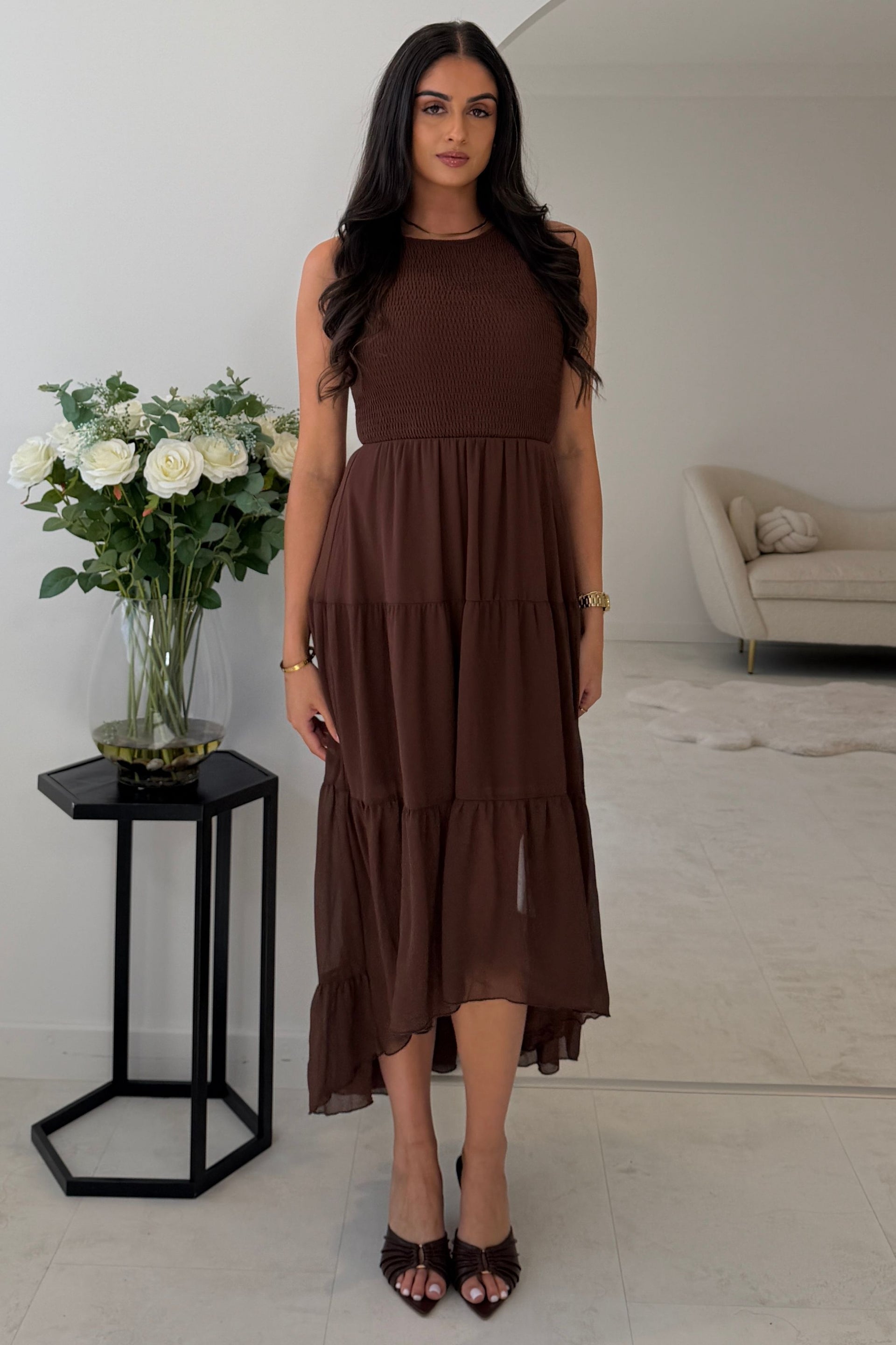 Calla Shirred Top Tiered Midi Dress Brown