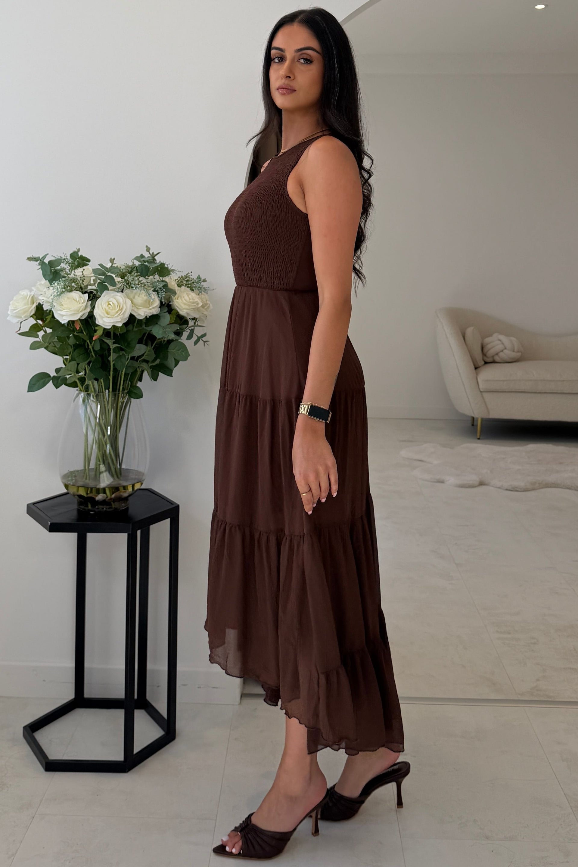 Calla Shirred Top Tiered Midi Dress Brown