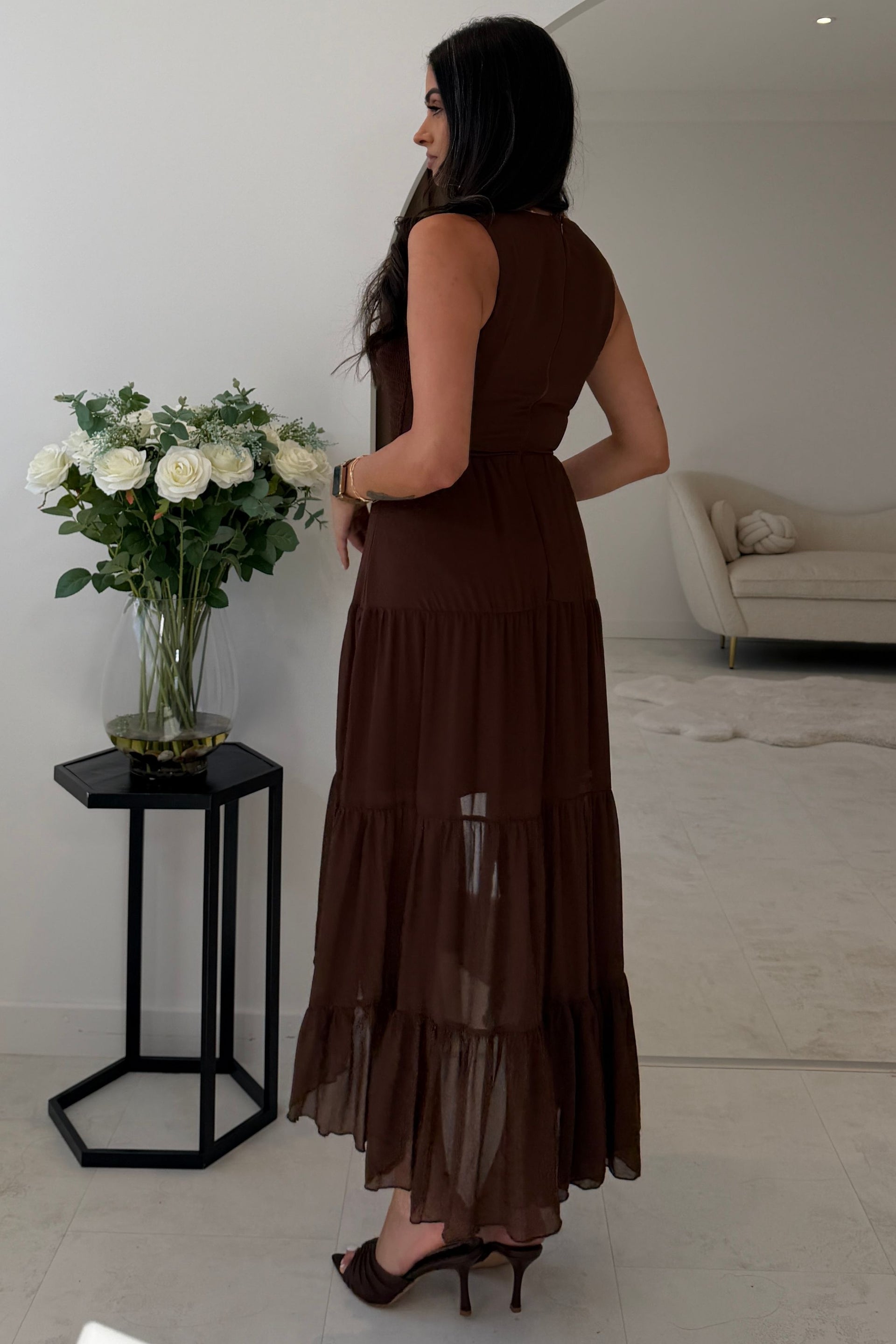 Calla Shirred Top Tiered Midi Dress Brown