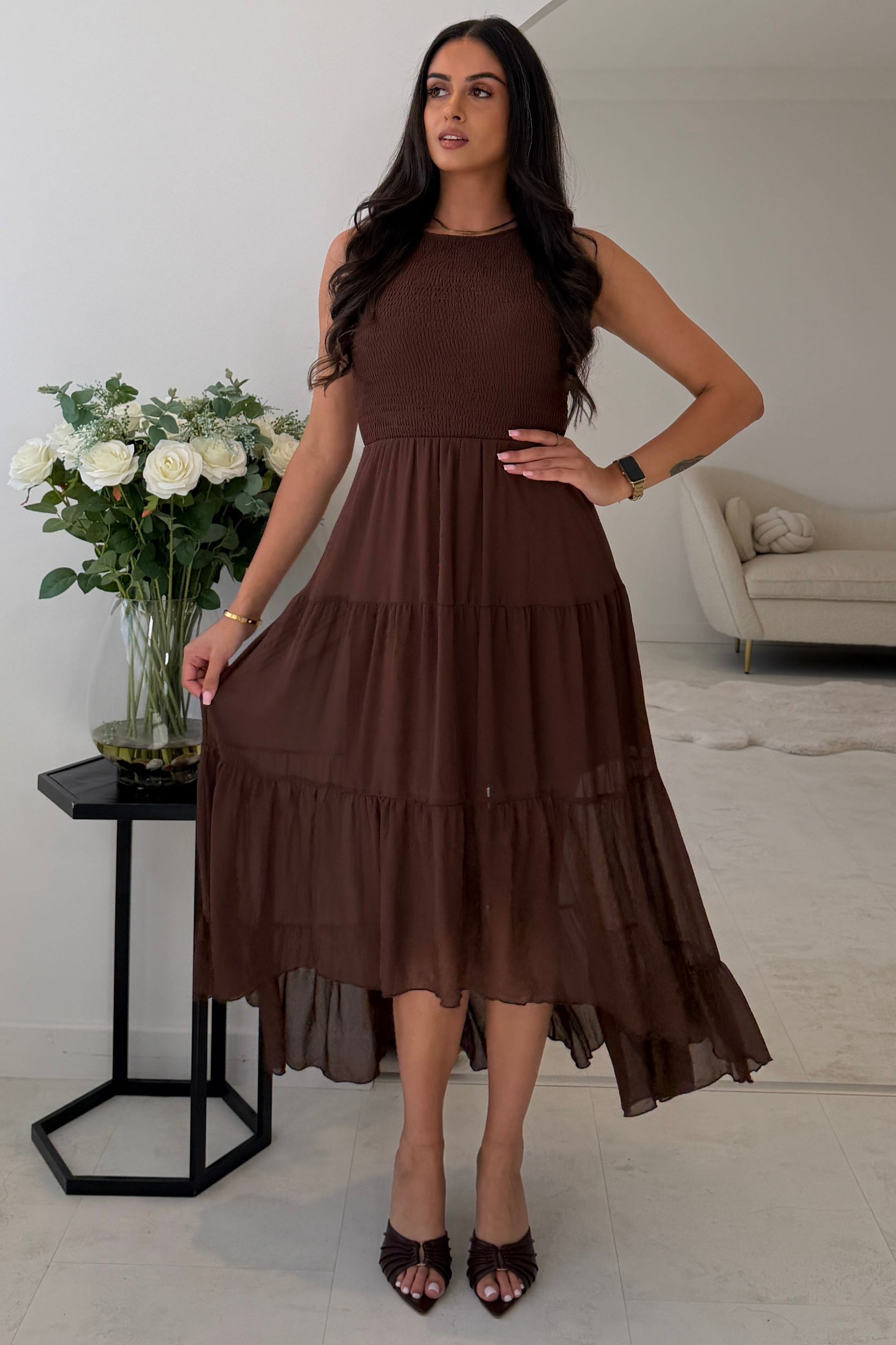 Calla Shirred Top Tiered Midi Dress Brown