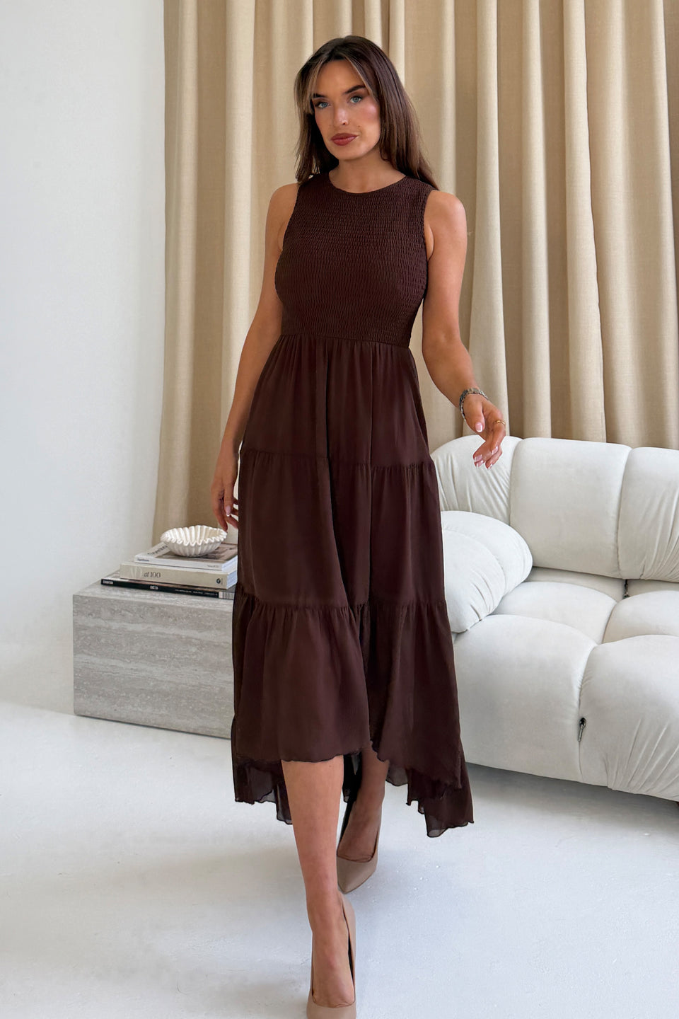 Calla Shirred Top Tiered Midi Dress Brown