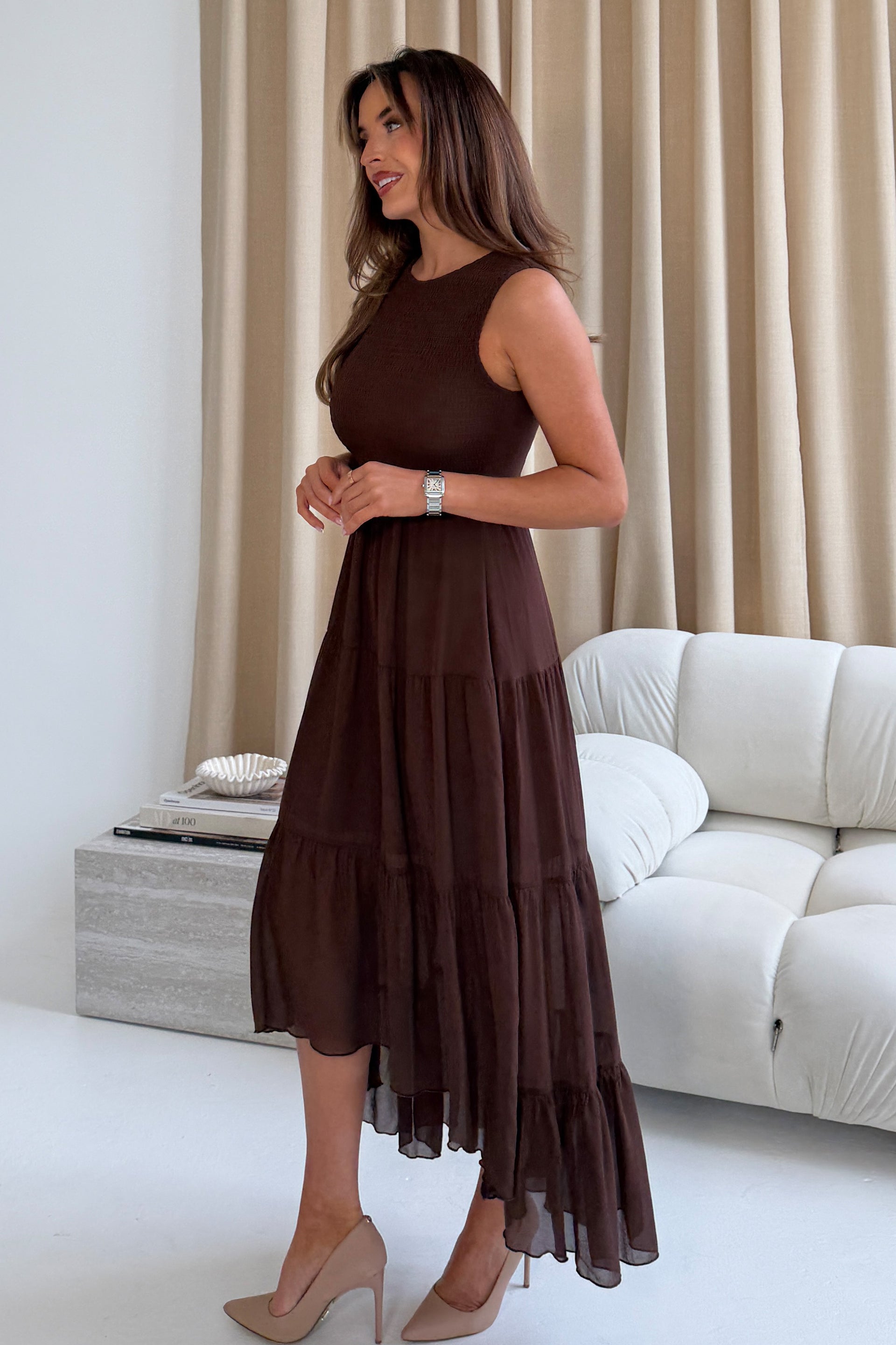 Calla Shirred Top Tiered Midi Dress Brown