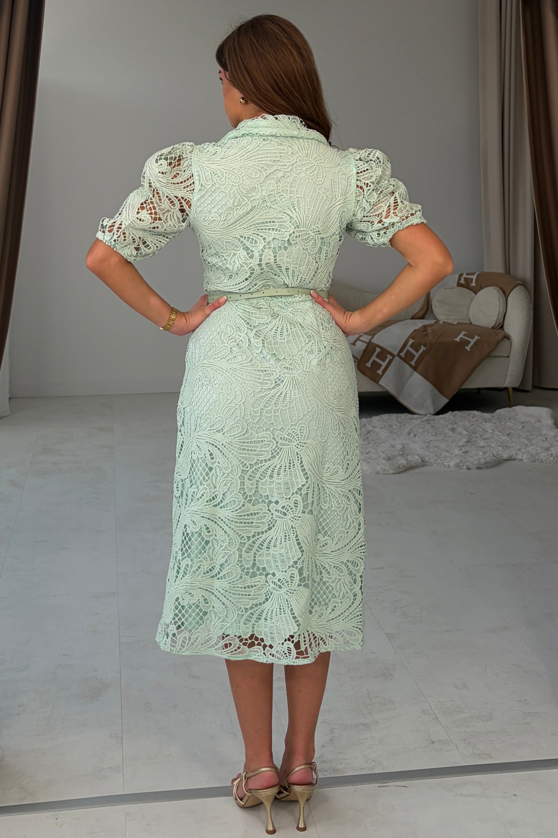 Bracken Short  Sleeve Lace Shirt Midi Dress Pastel Green