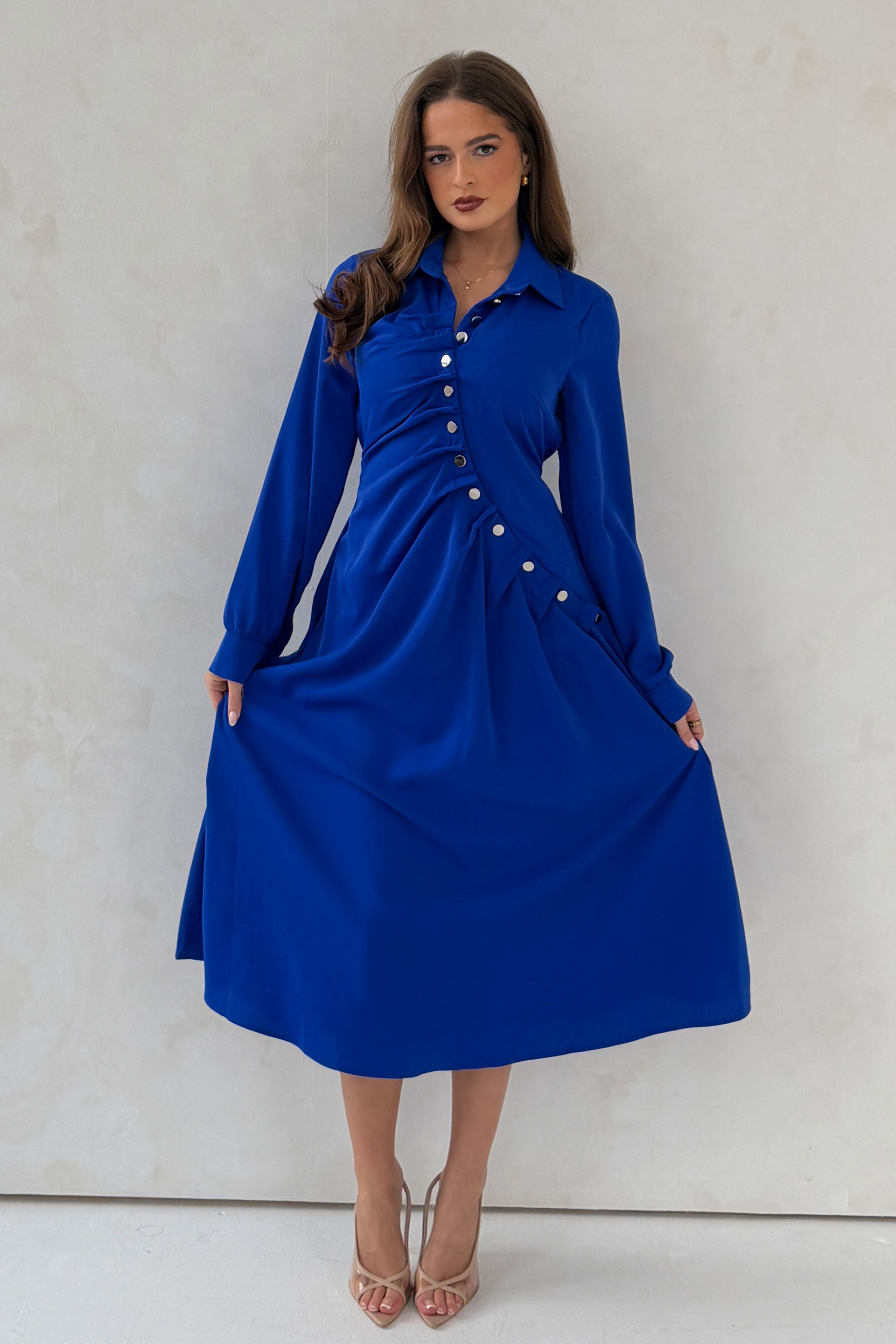 Marilyn Asymmetric Button Detail Midi dress Cobalt