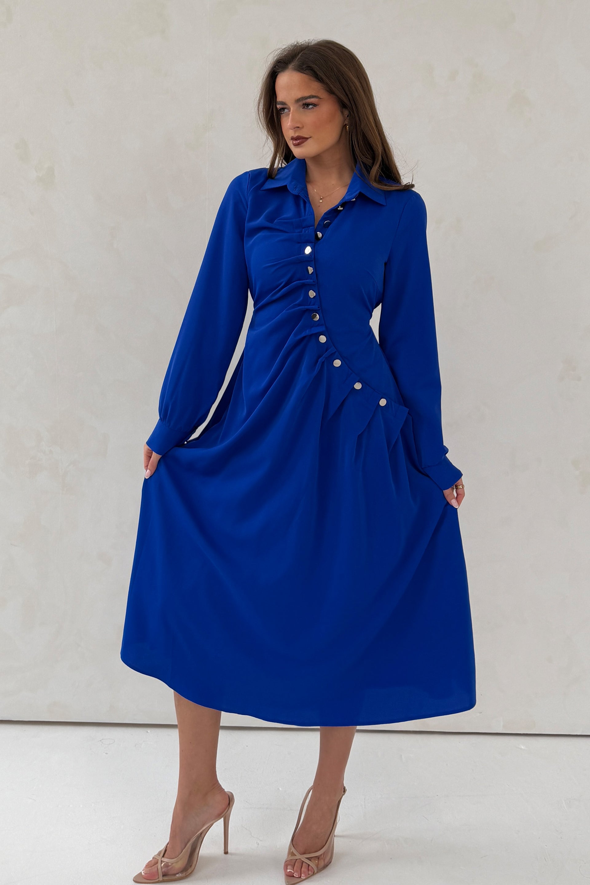Marilyn Asymmetric Button Detail Midi dress Cobalt