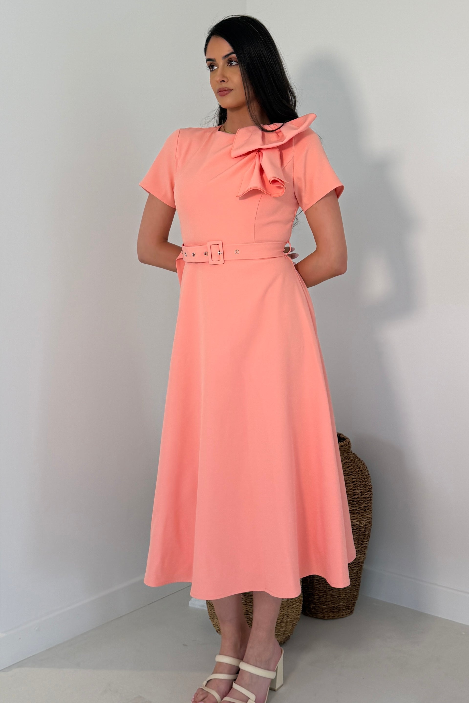 Sorelle Belted Midi Dress Peach