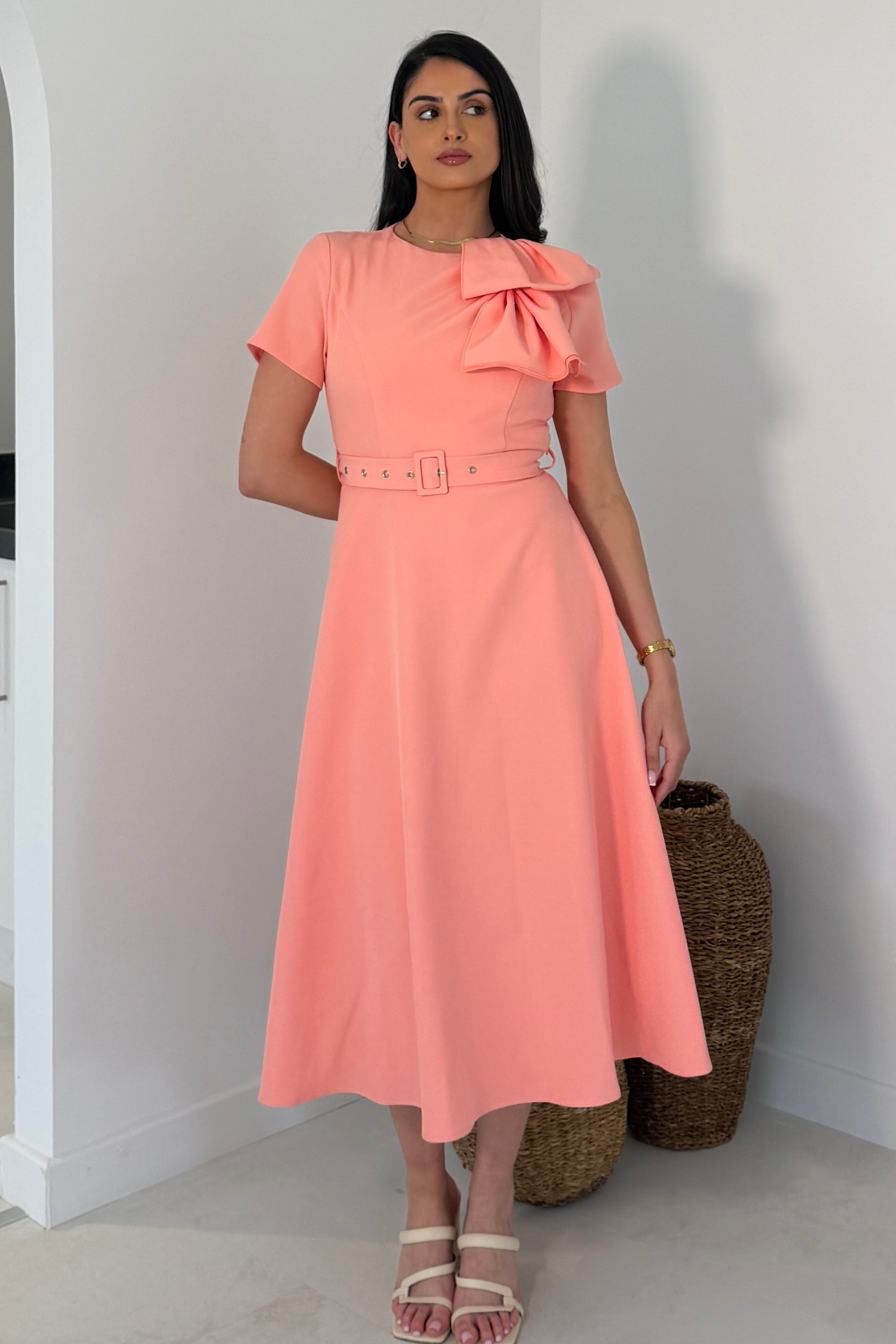 Sorelle Belted Midi Dress Peach
