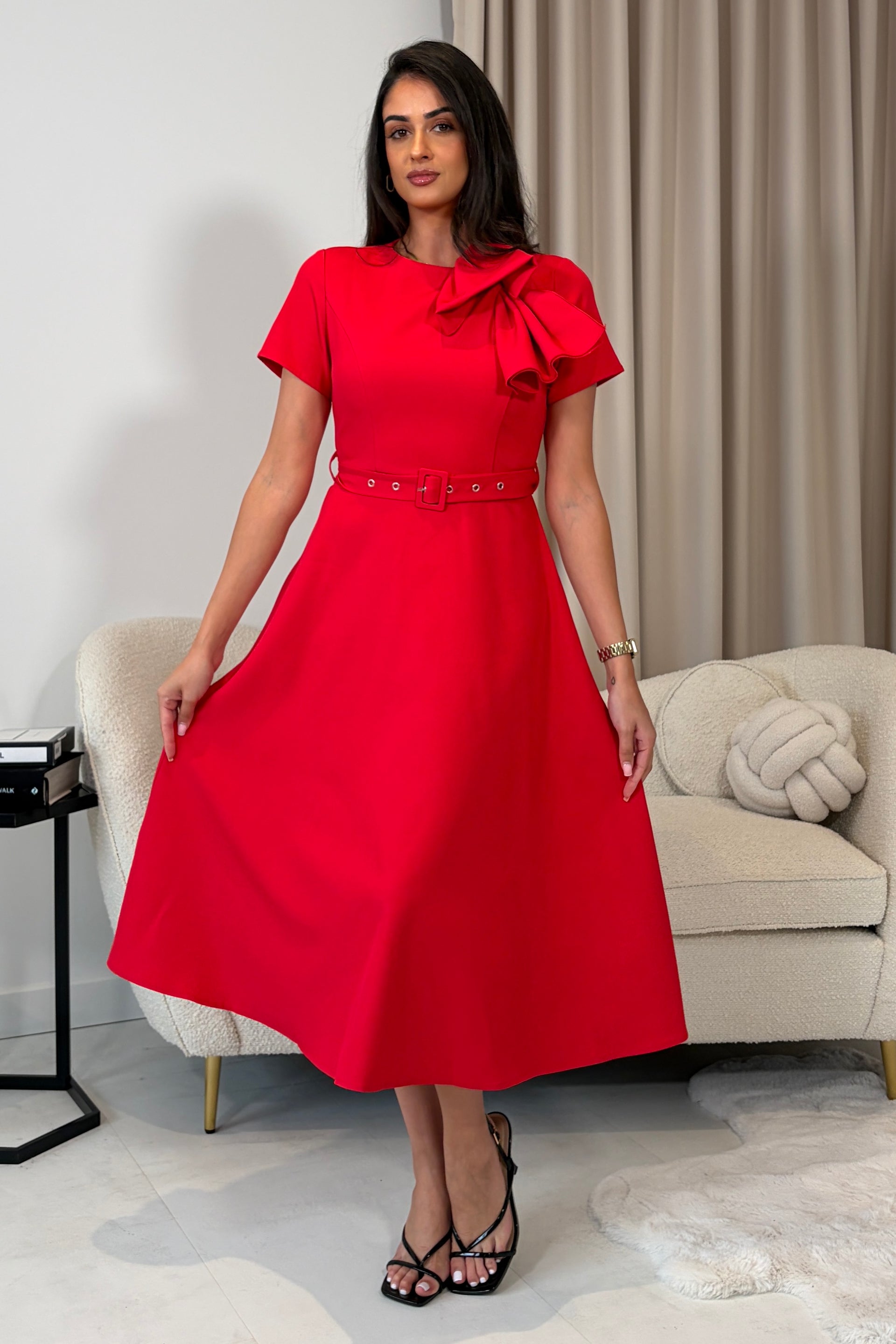 Sorelle Belted Midi Dress Red