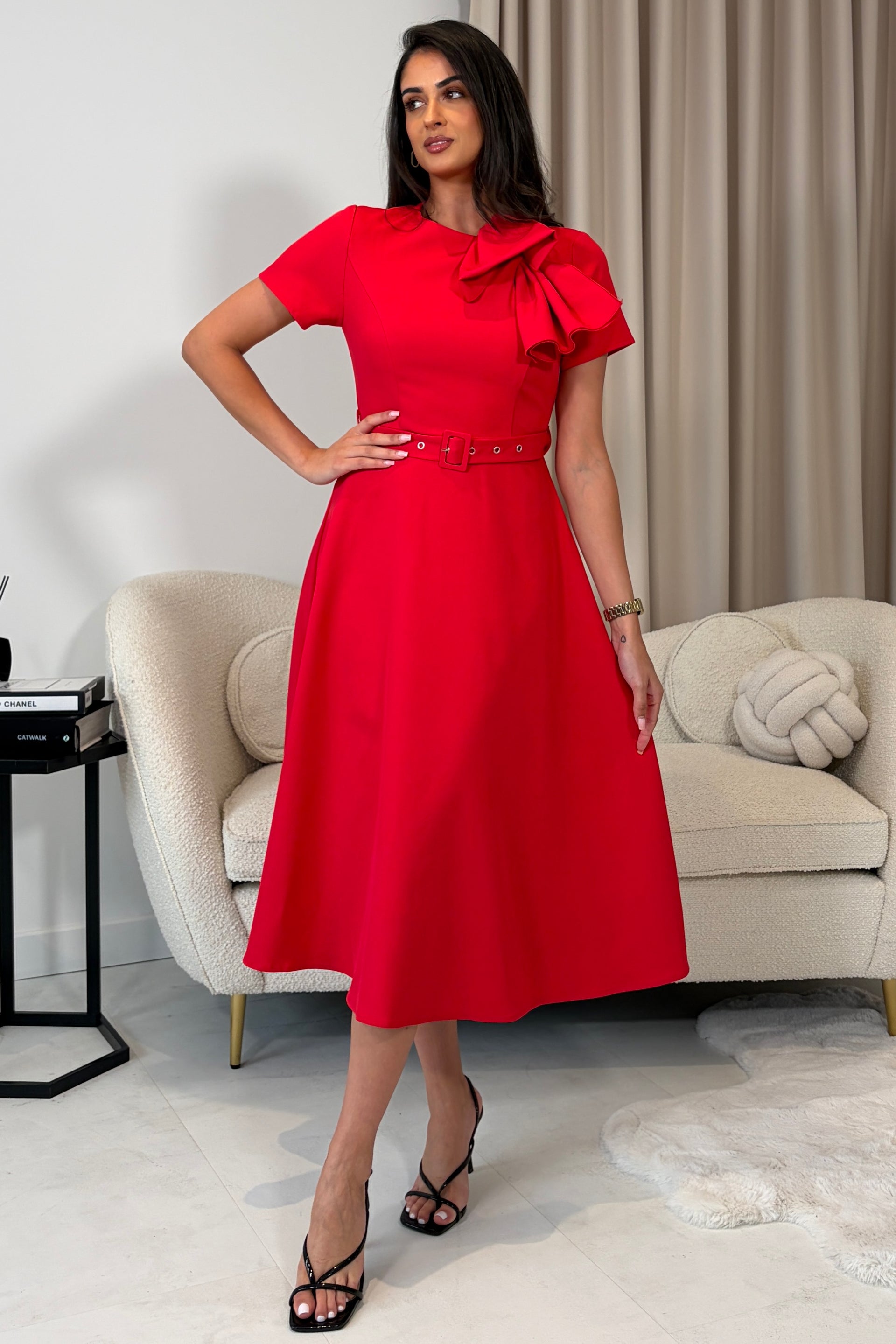 Sorelle Belted Midi Dress Red