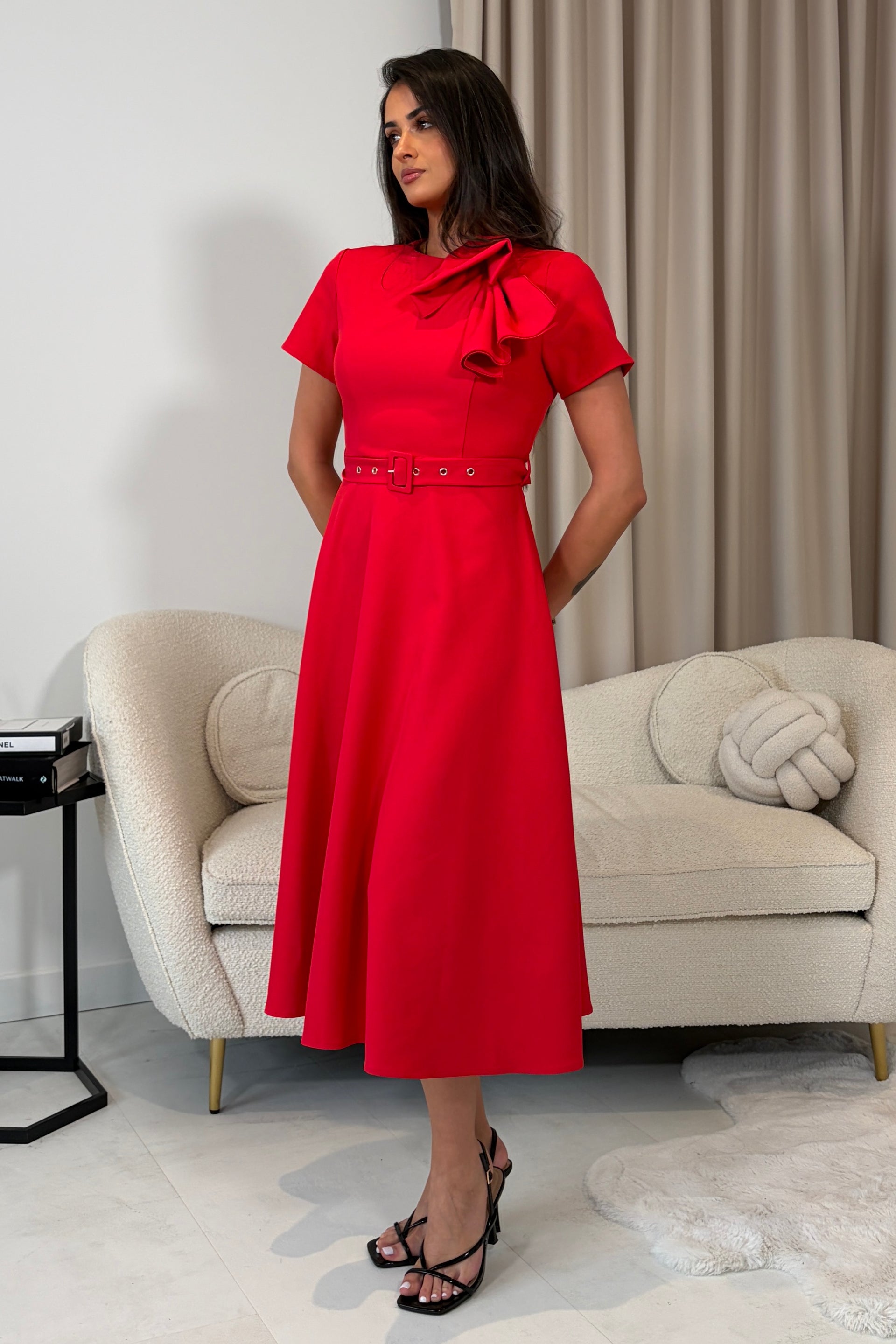 Sorelle Belted Midi Dress Red