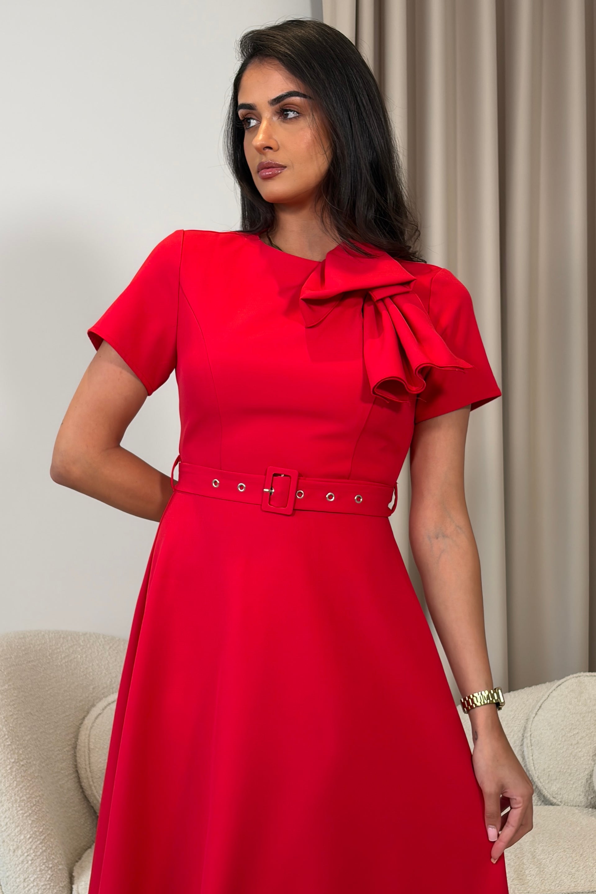 Sorelle Belted Midi Dress Red