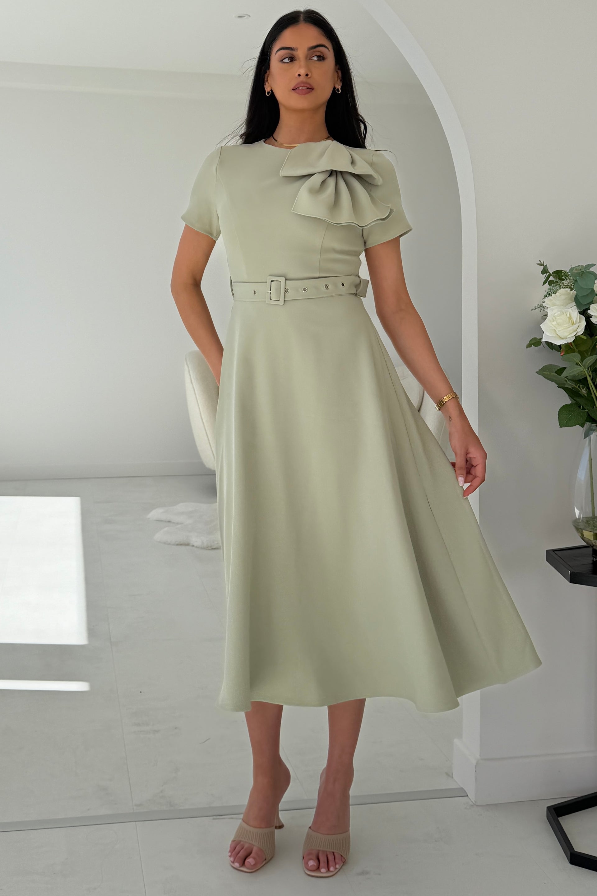 Sorelle Belted Midi Dress Sage