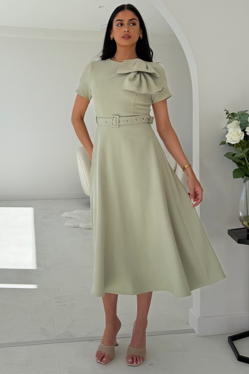Sorelle Belted Midi Dress Sage