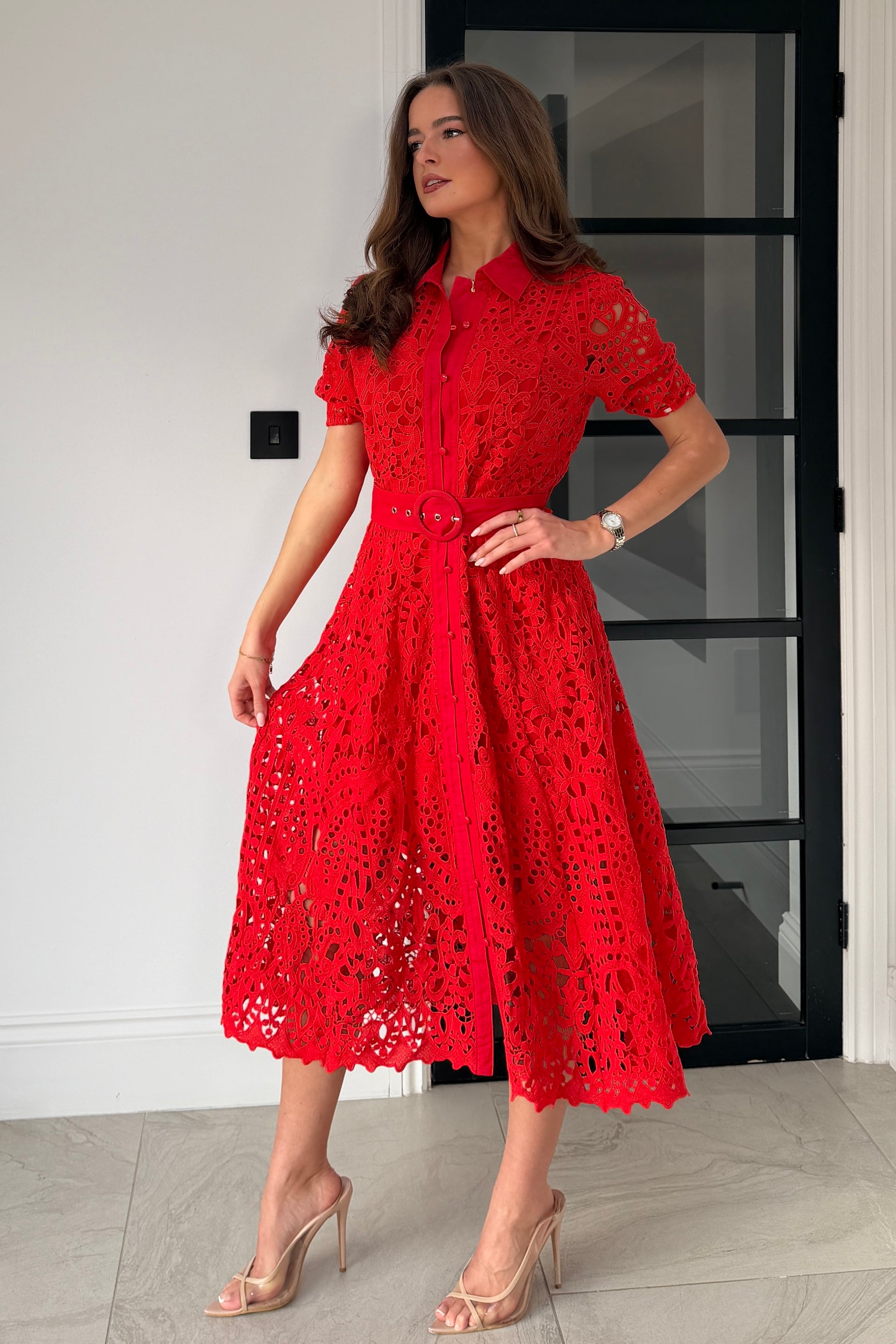 Meadow Short Sleeve Midi Dress Red