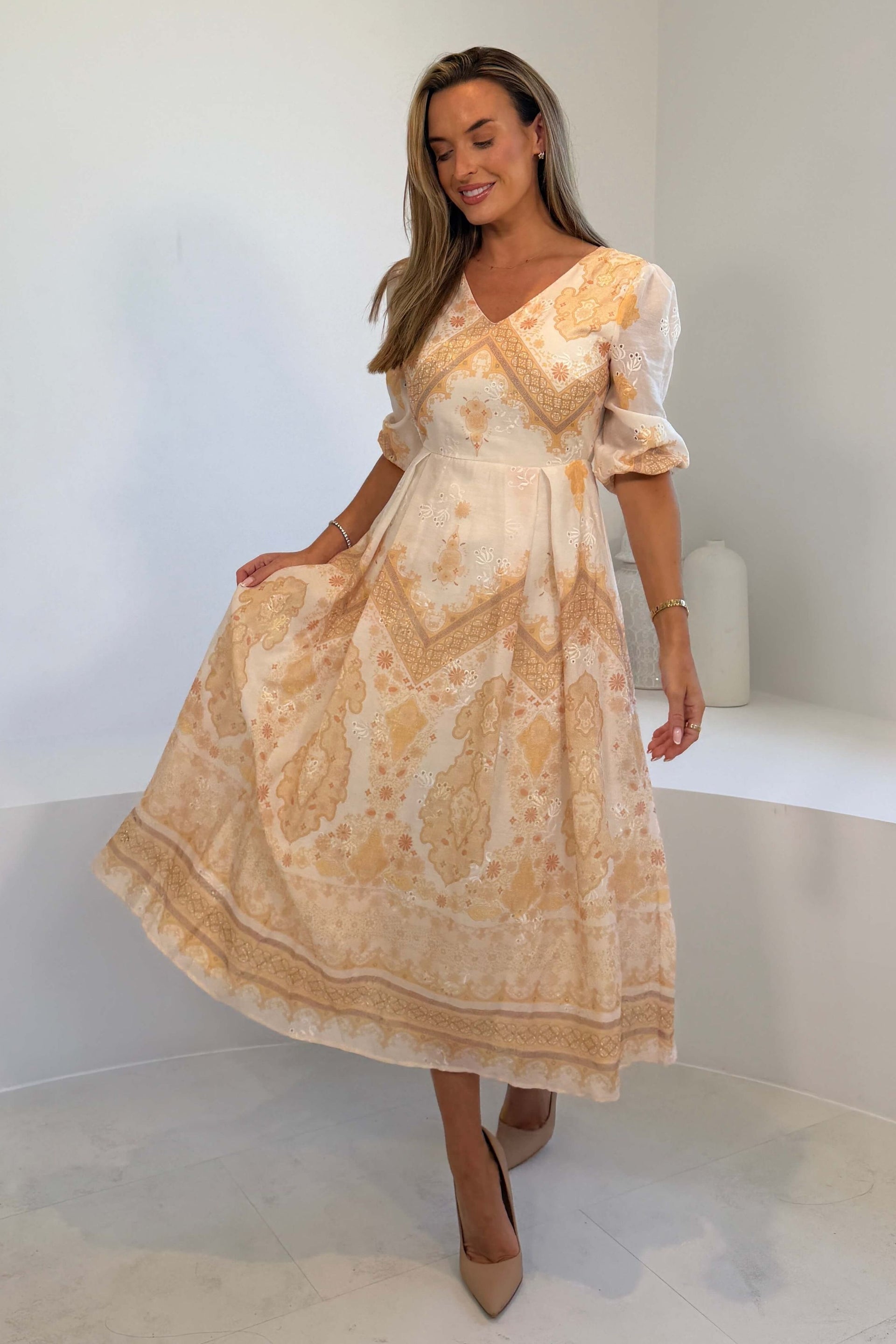 Marie V Neck Print Maxi Dress Yellow