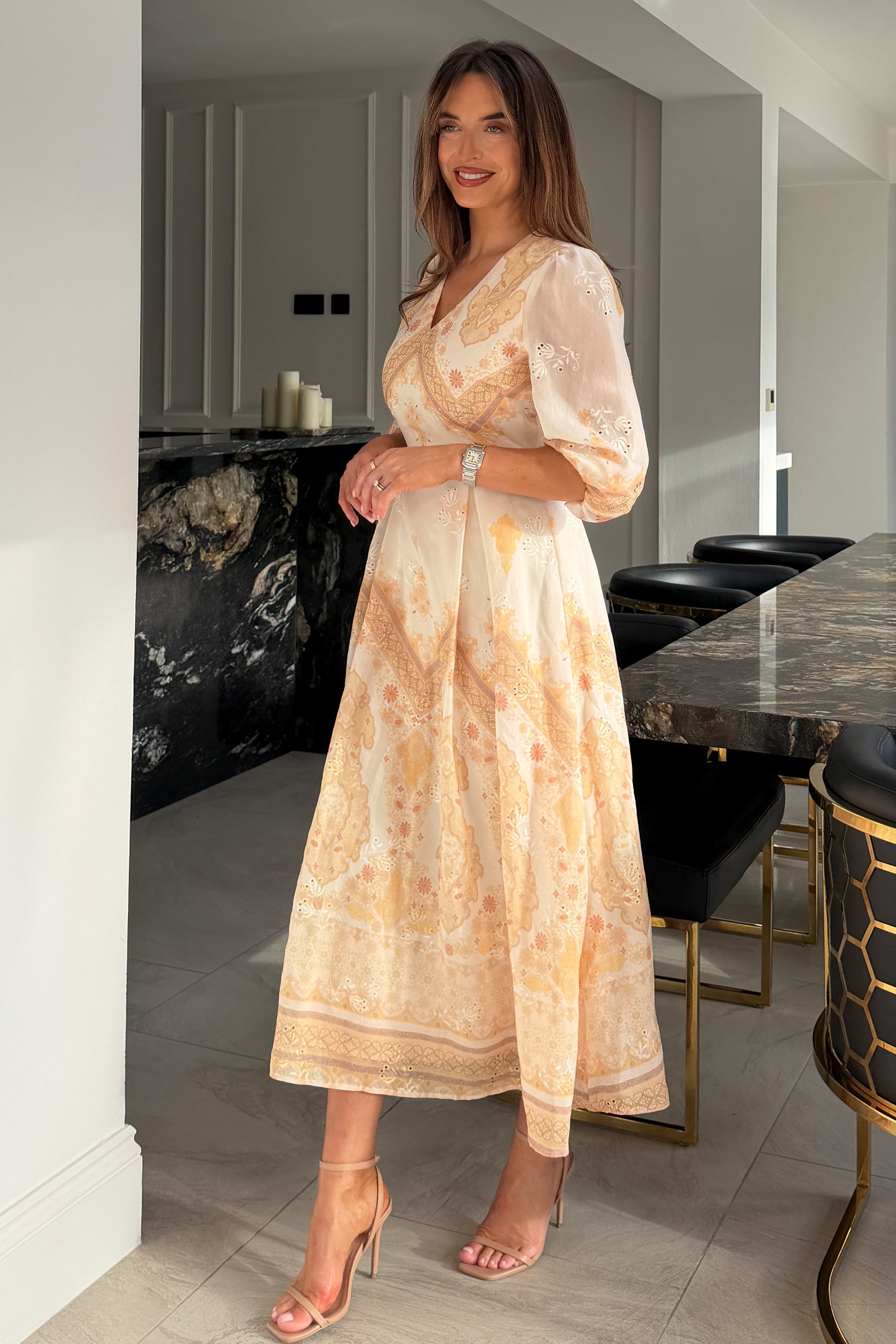 Marie V Neck Print Maxi Dress Yellow