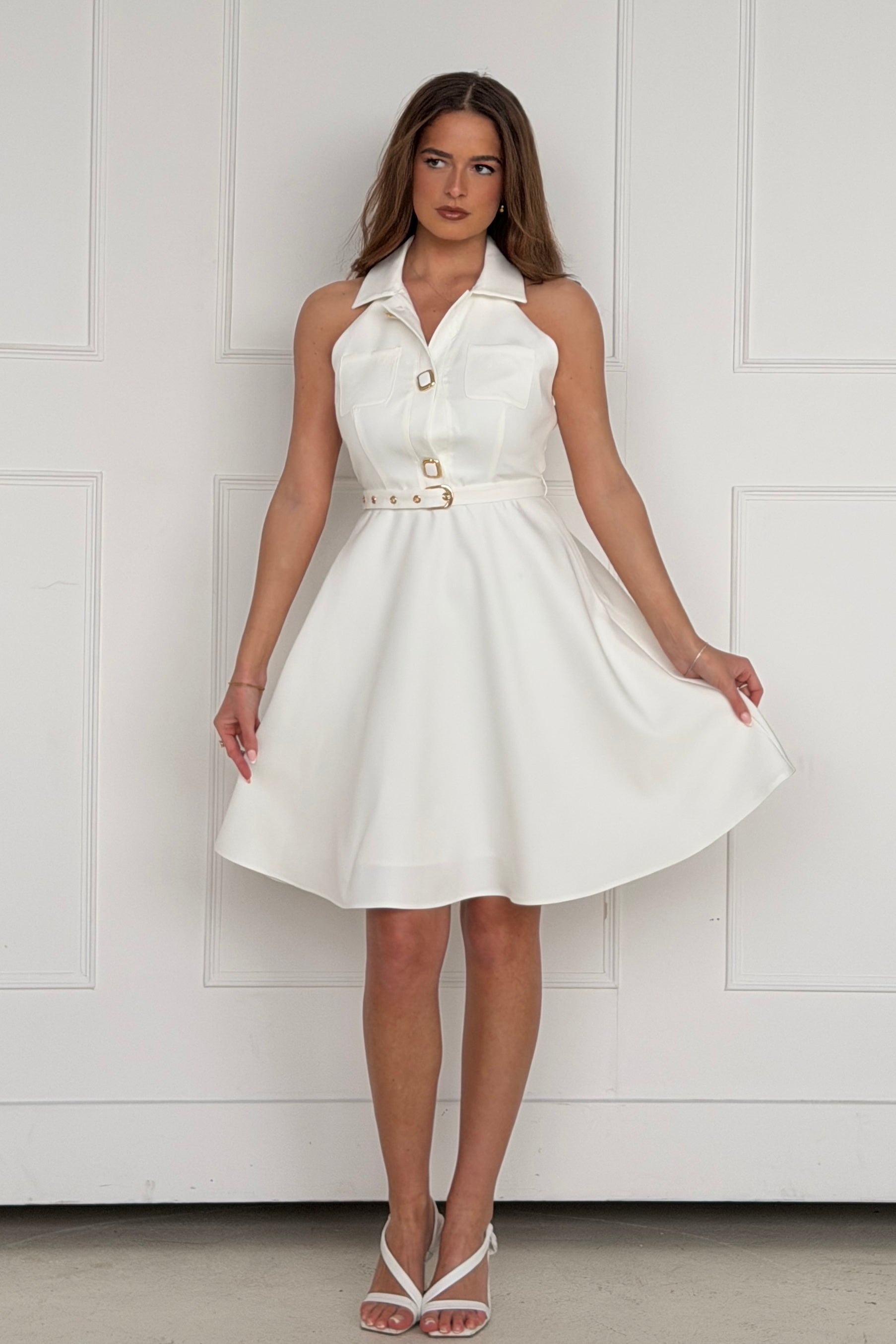 button up formal dress Button Up Sleeveless Midi Dress