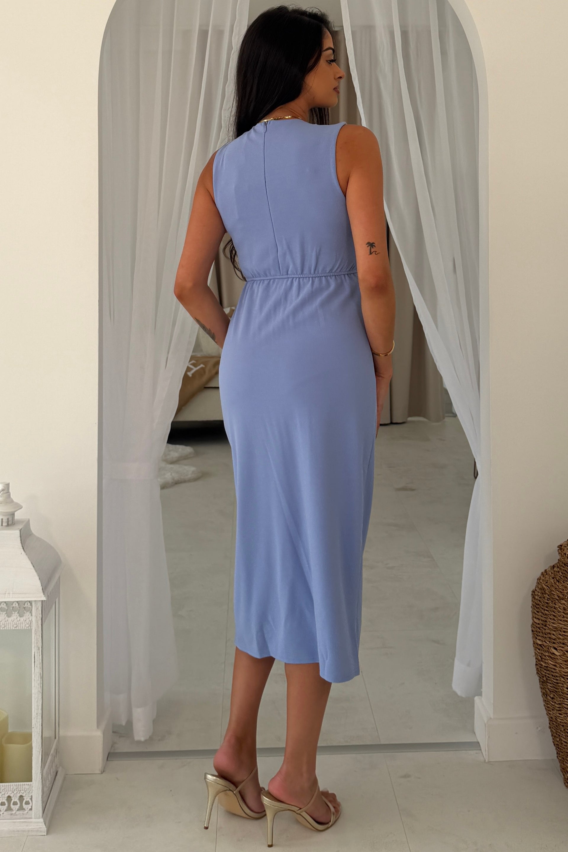 Louisa Gold Buckle Wrap detail Midi Dress Blue