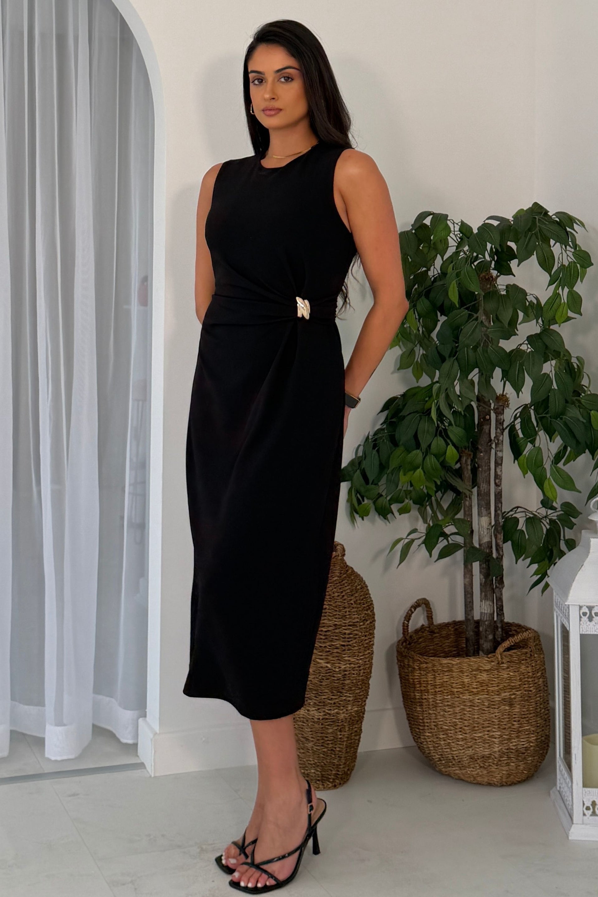 Louisa Gold Buckle Wrap detail Midi Dress Black