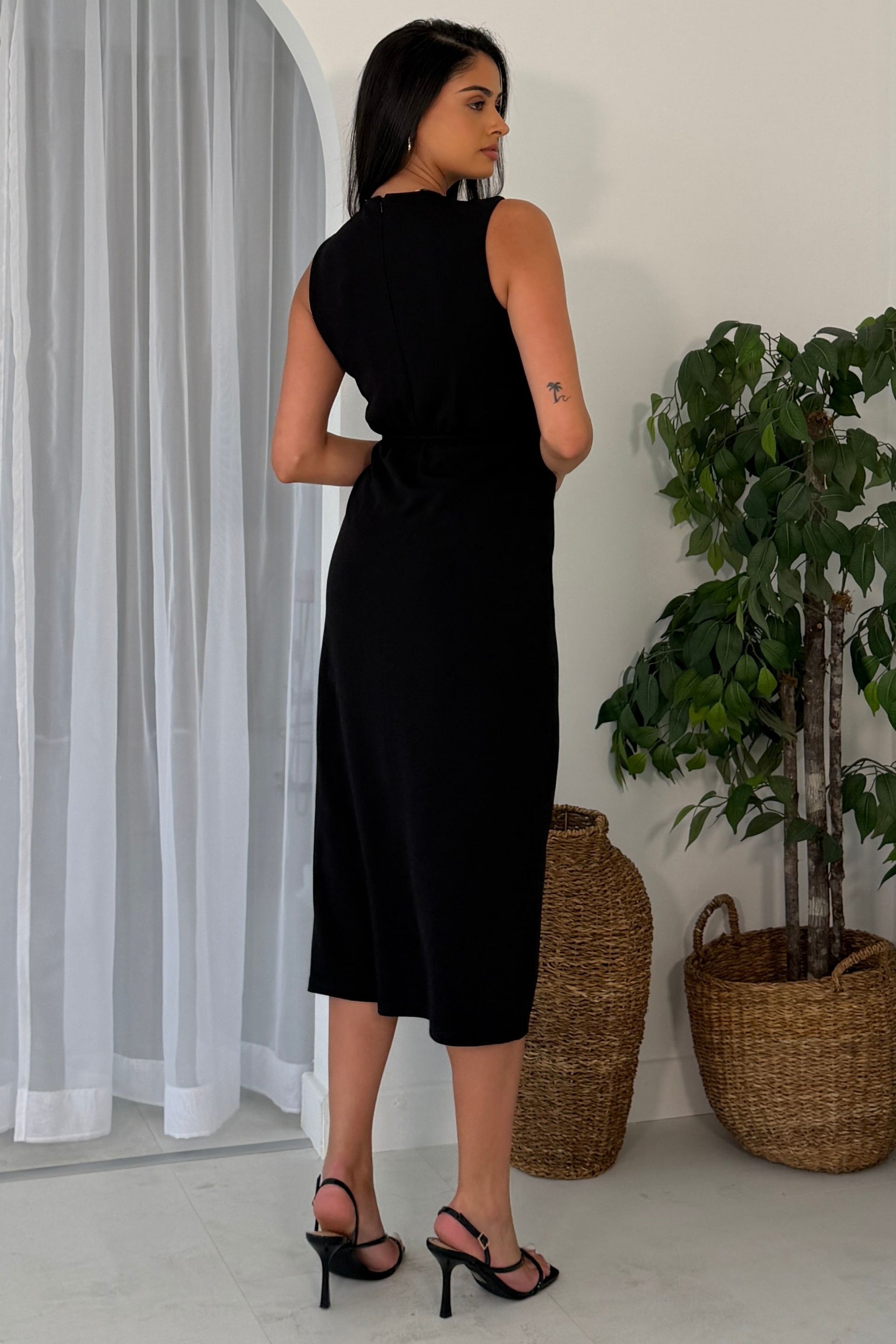 Louisa Gold Buckle Wrap detail Midi Dress Black