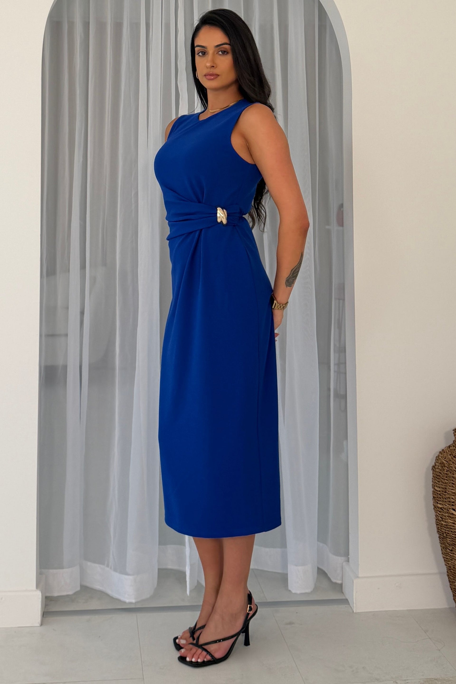 Louisa Gold Buckle Wrap detail Midi Dress Cobalt