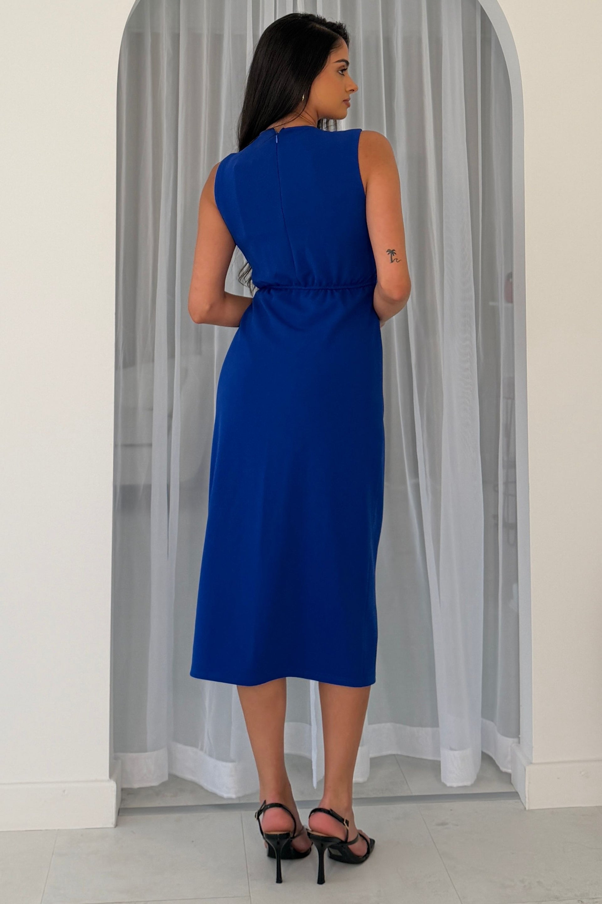 Louisa Gold Buckle Wrap detail Midi Dress Cobalt