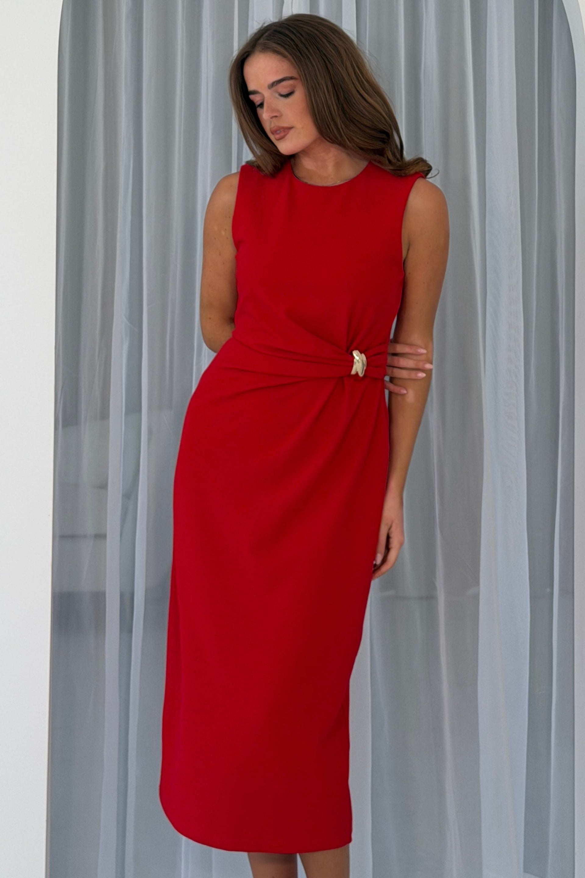 Louisa Gold Buckle Wrap detail Midi Dress Red
