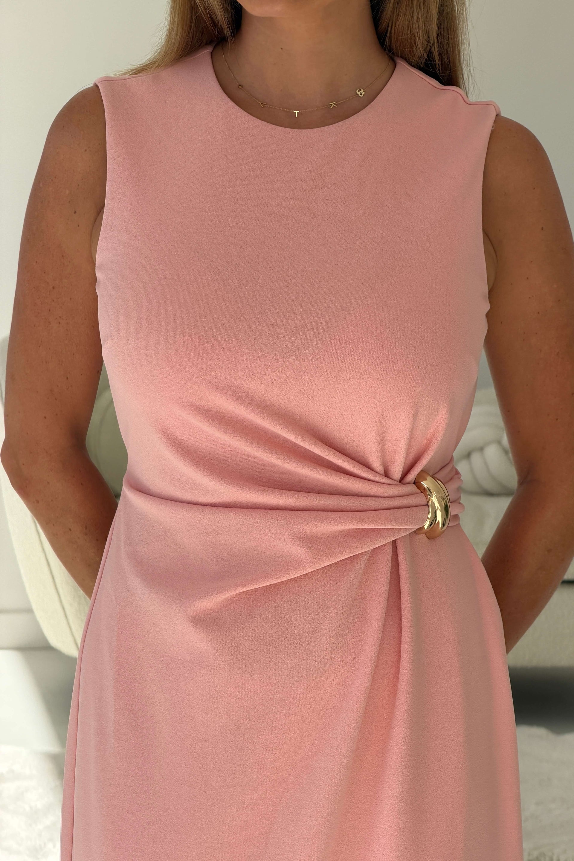 Louisa Gold Buckle Wrap detail Midi Dress Pink