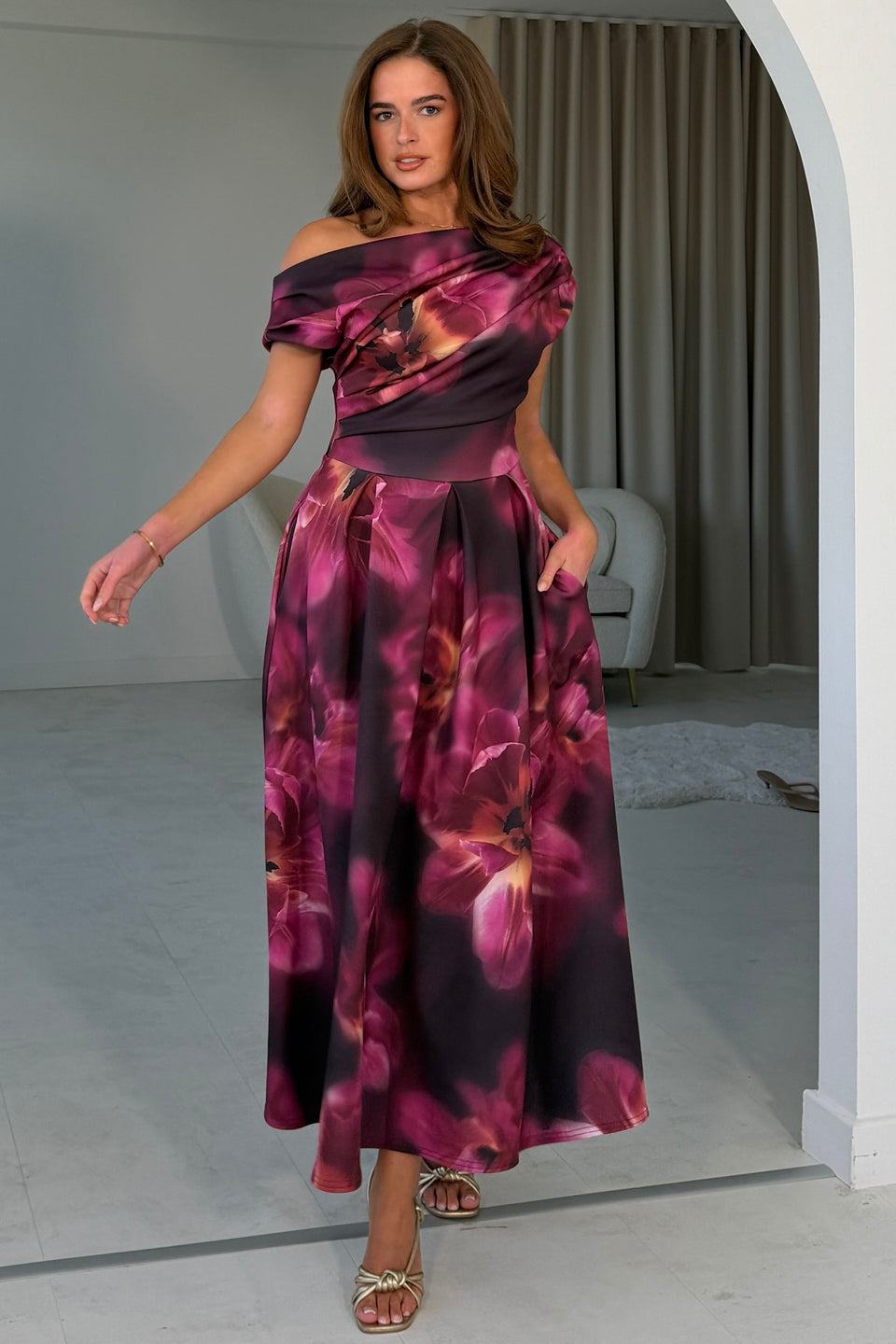 Betty Asymmetric Neckline Floral Skater Midi Dress Plum Floral