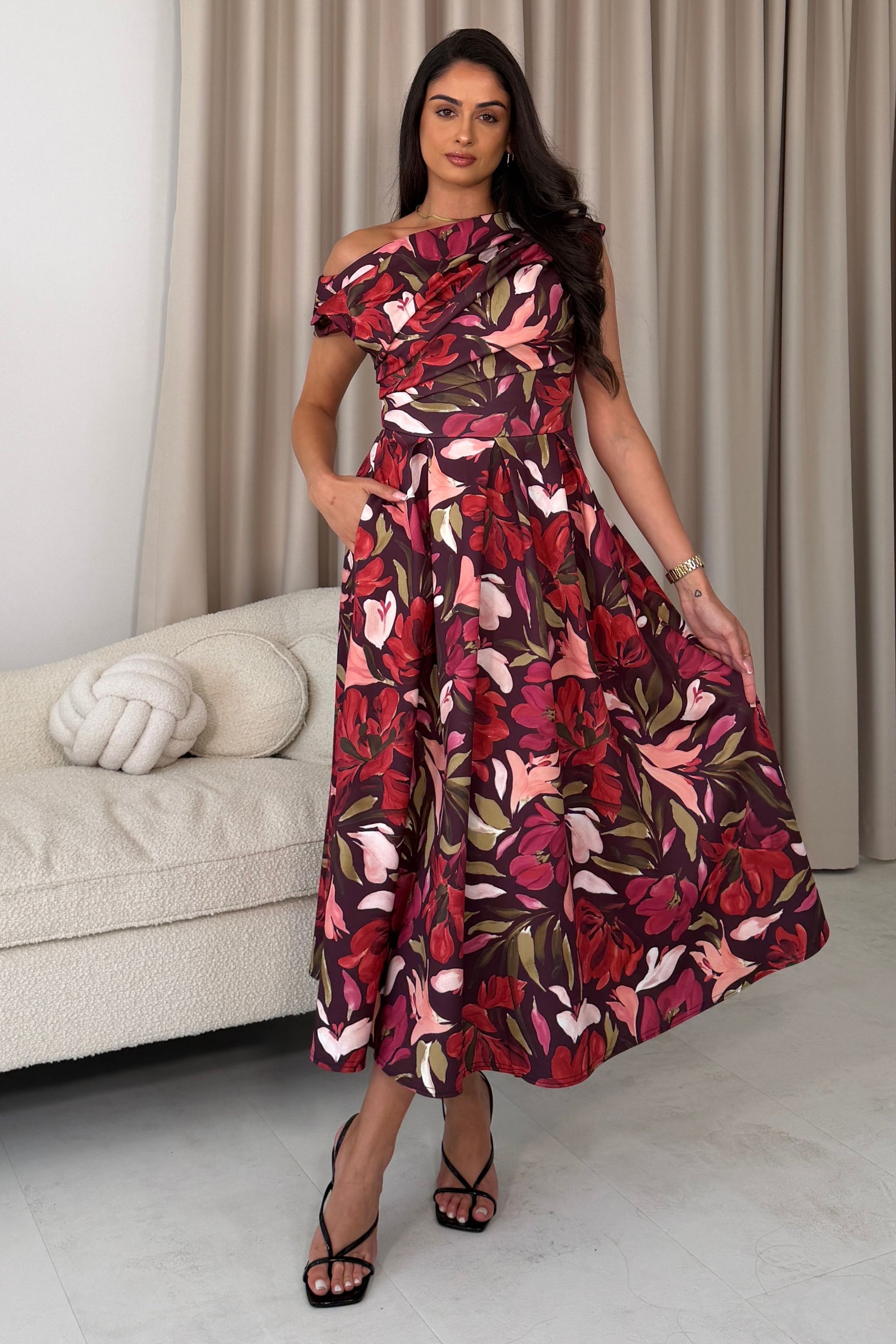 Betty Asymmetric Neckline Large Floral Skater Midi Dress Cranberry