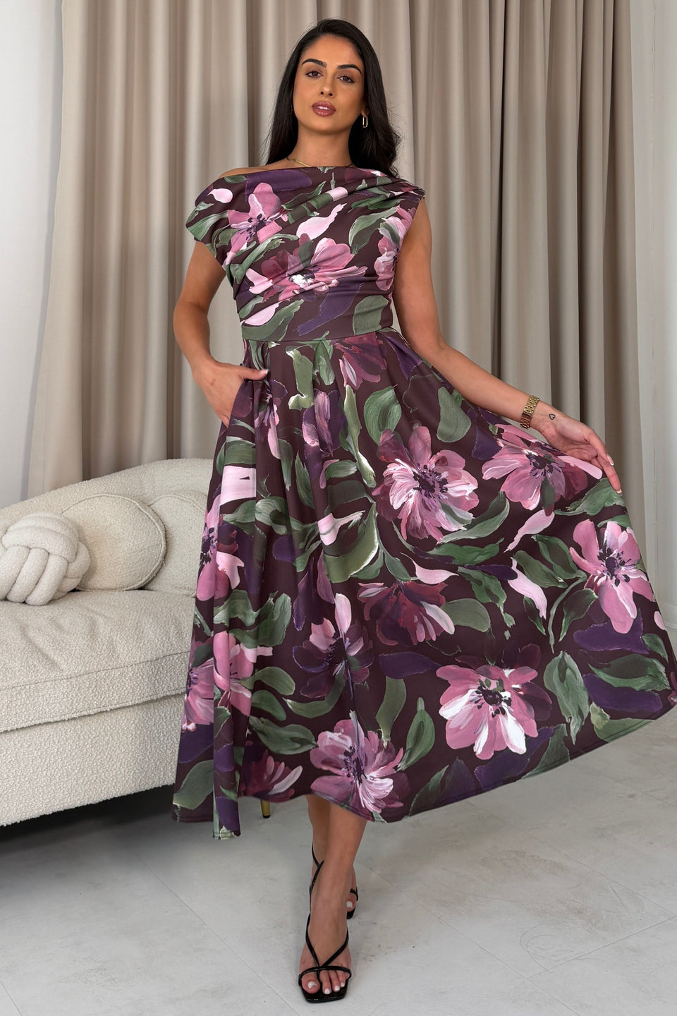 Betty Asymmetric Neckline Large Floral Skater Midi Dress Vintage Berry