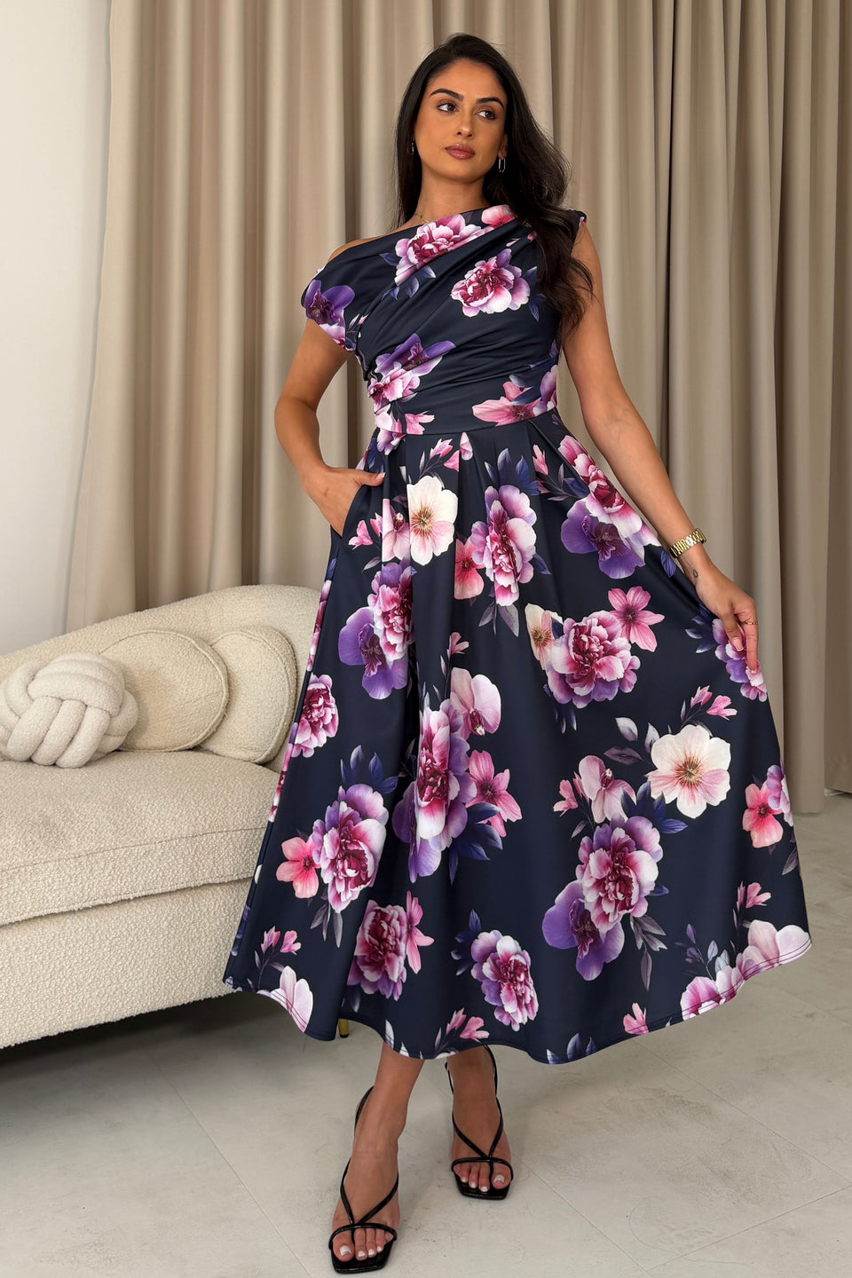 Betty Asymmetric Neckline Floral Skater Midi Dress Navy