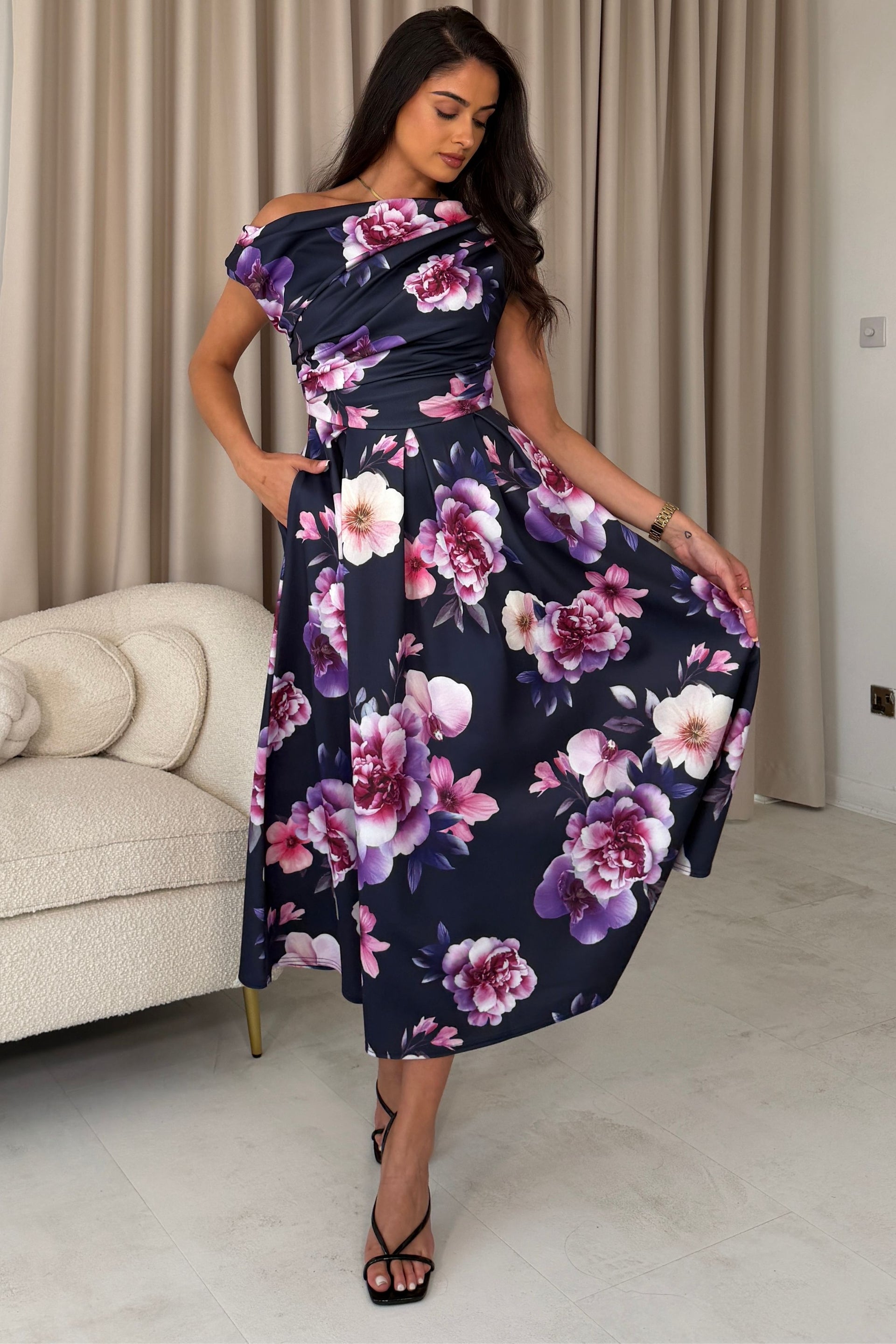 Betty Asymmetric Neckline Floral Skater Midi Dress Navy