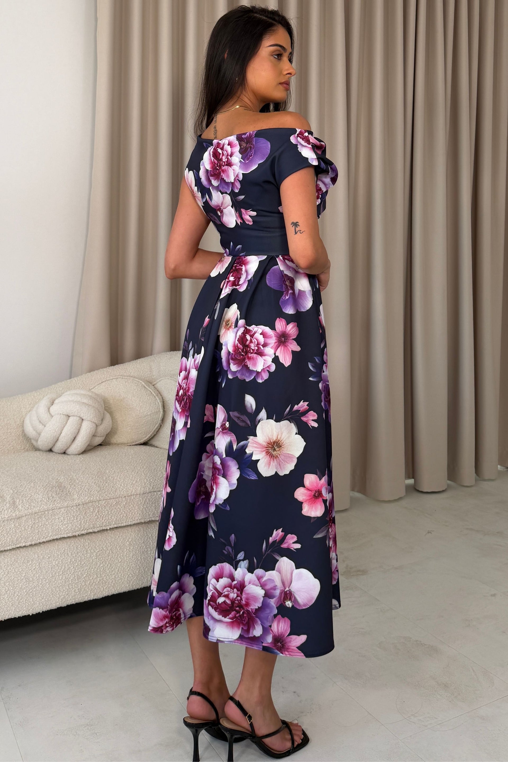 Betty Asymmetric Neckline Floral Skater Midi Dress Navy