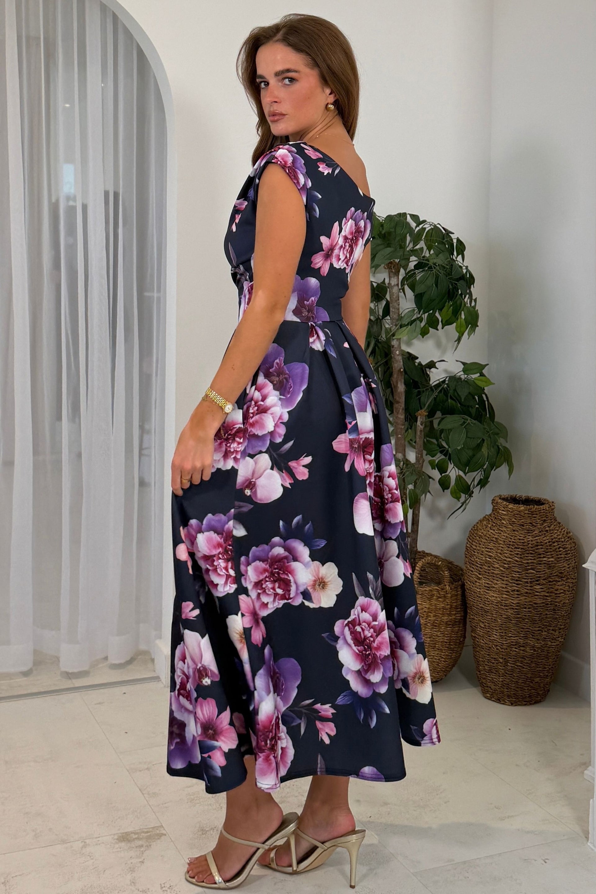 Betty Asymmetric Neckline Floral Skater Midi Dress Navy