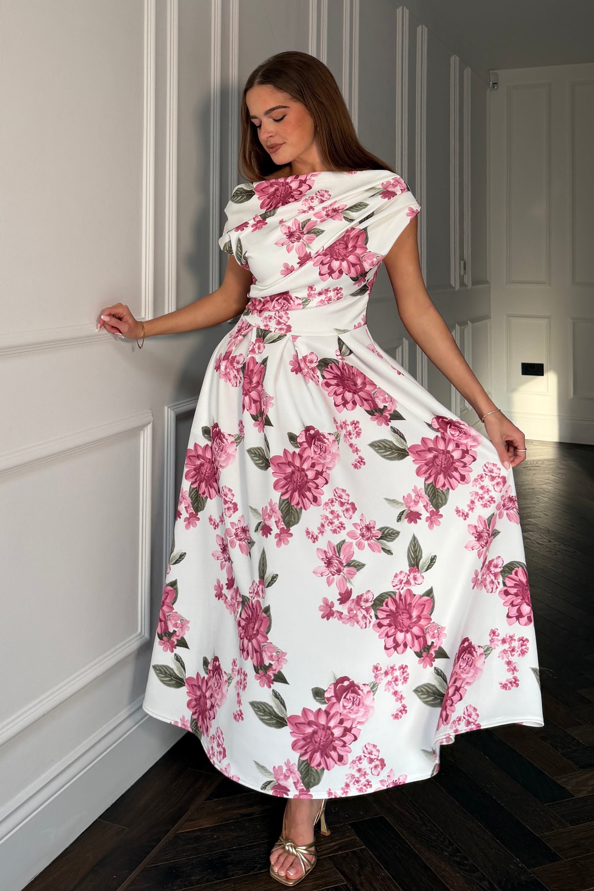 Betty Asymmetric Neckline Skater Midi  Pink Floral