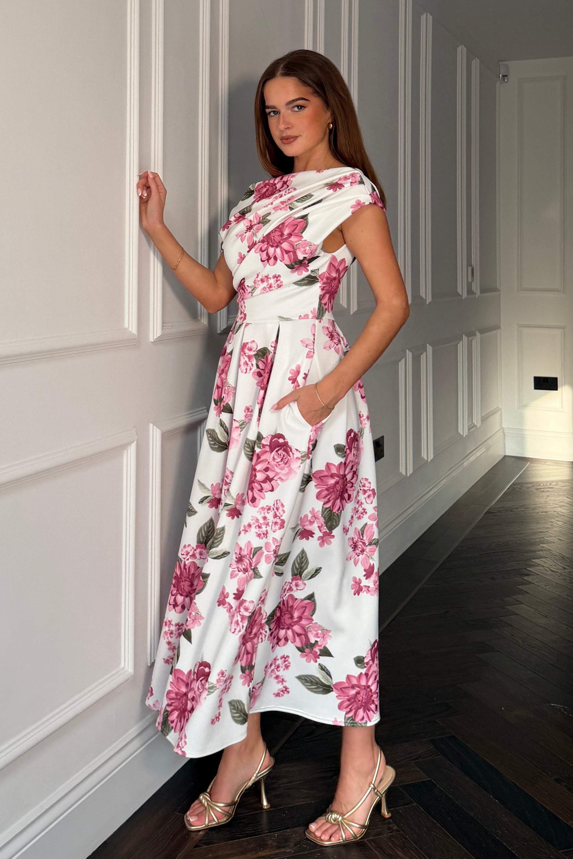 Betty Asymmetric Neckline Skater Midi  Pink Floral