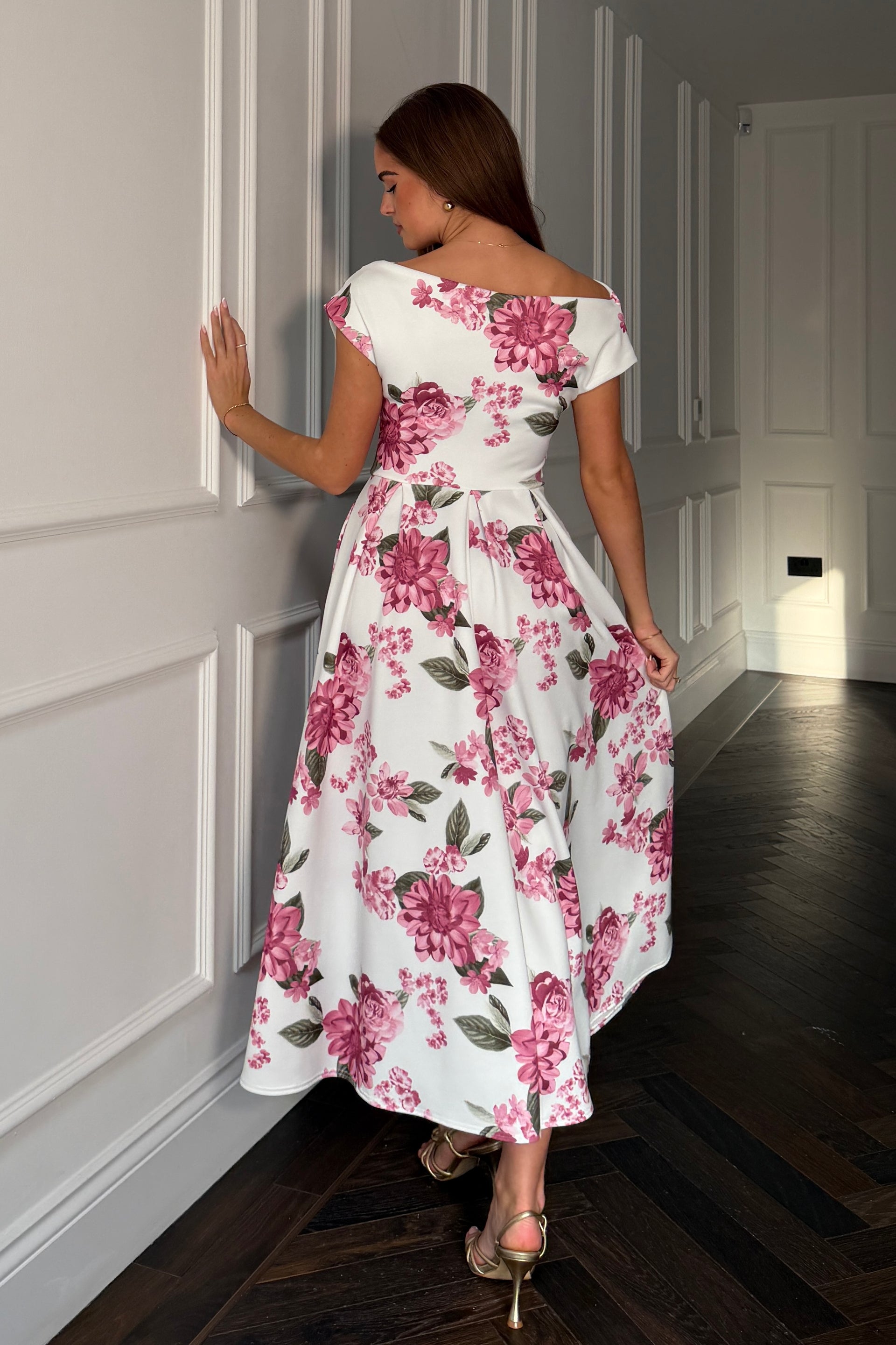 Betty Asymmetric Neckline Skater Midi  Pink Floral