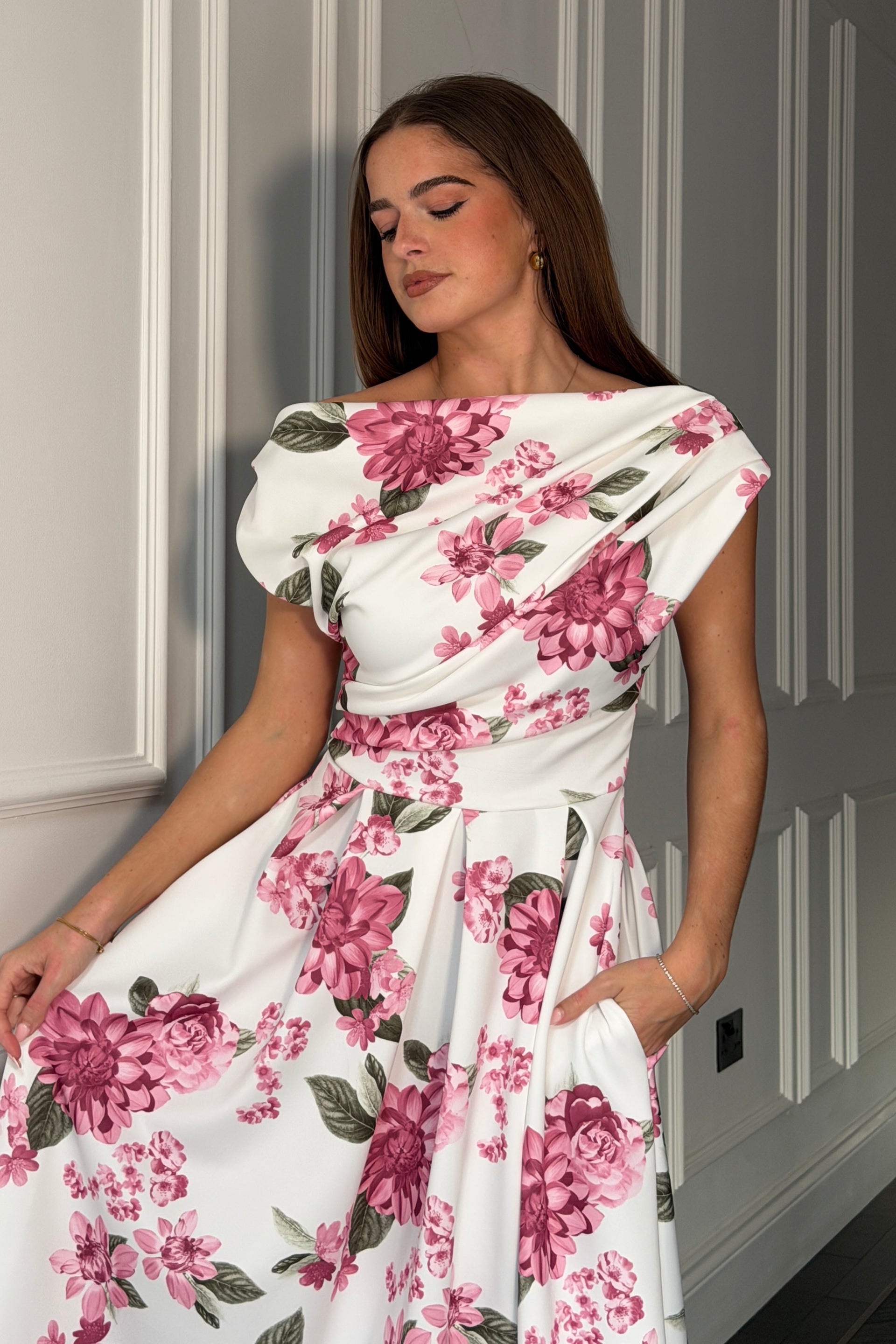 Betty Asymmetric Neckline Skater Midi  Pink Floral
