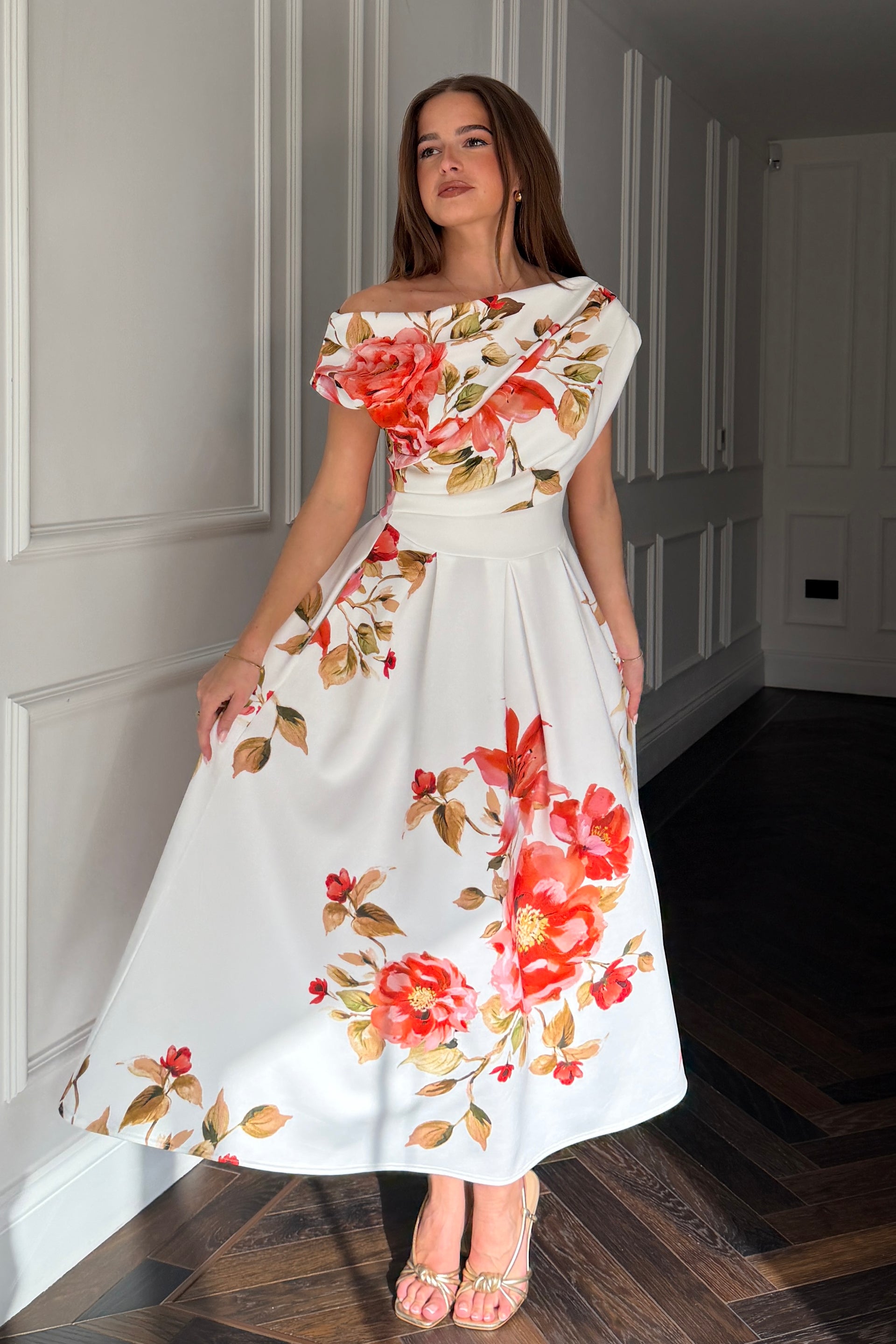 Betty Asymmetric Neckline Skater Midi  Orange Floral