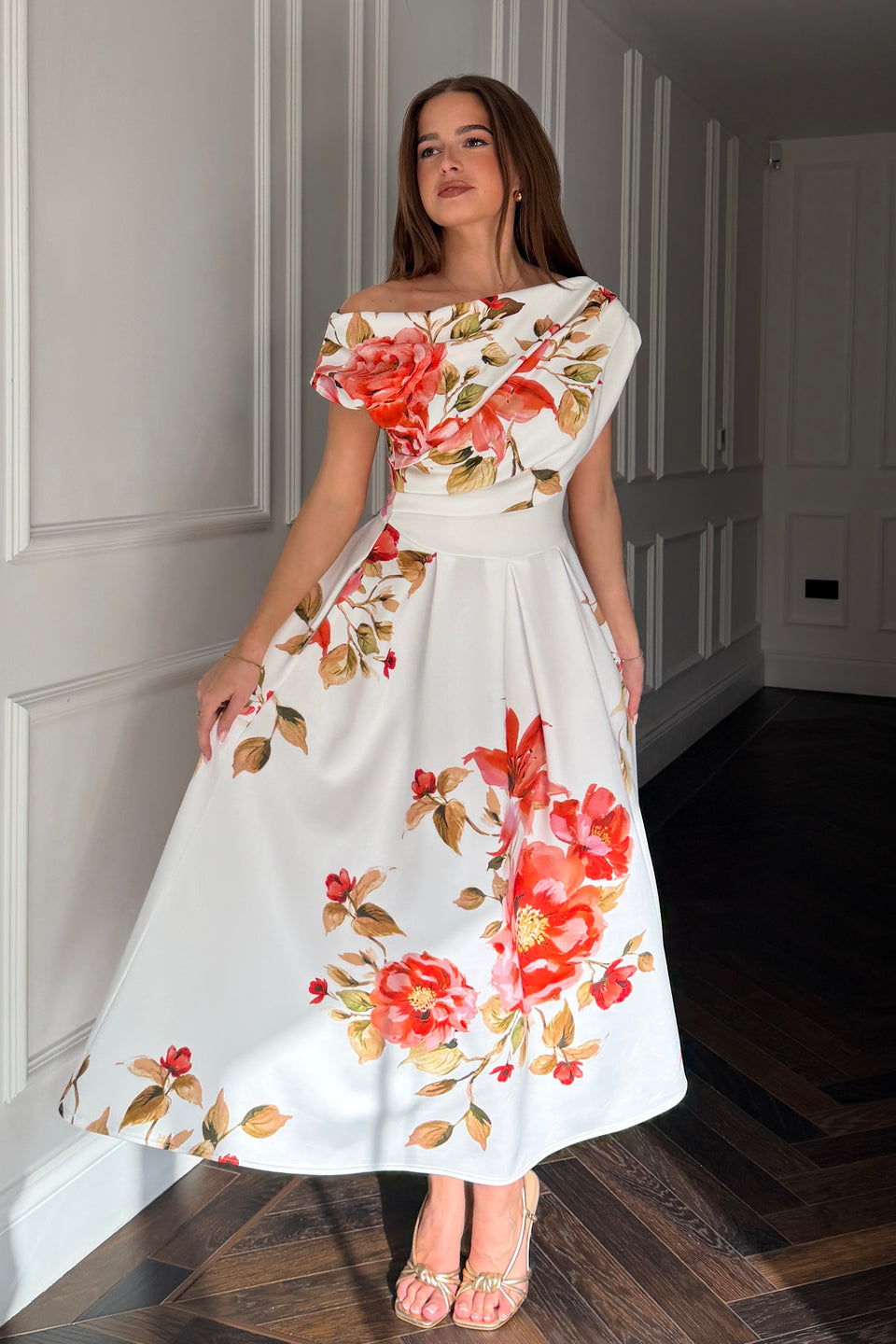 Betty Asymmetric Neckline Skater Midi  Orange Floral