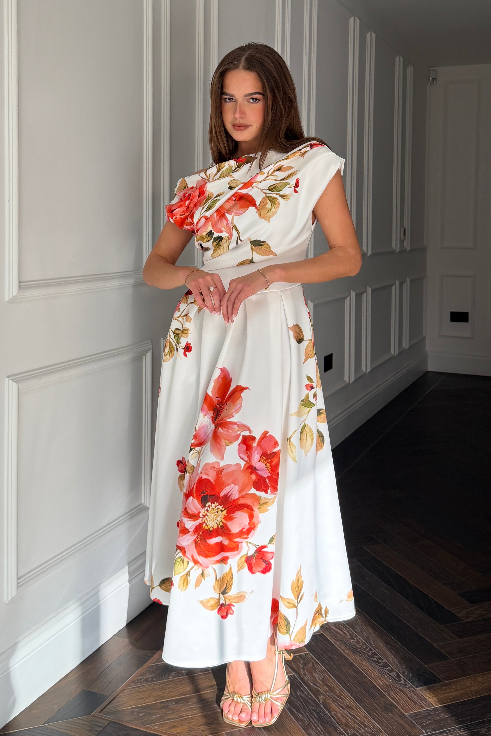 Betty Asymmetric Neckline Skater Midi  Orange Floral