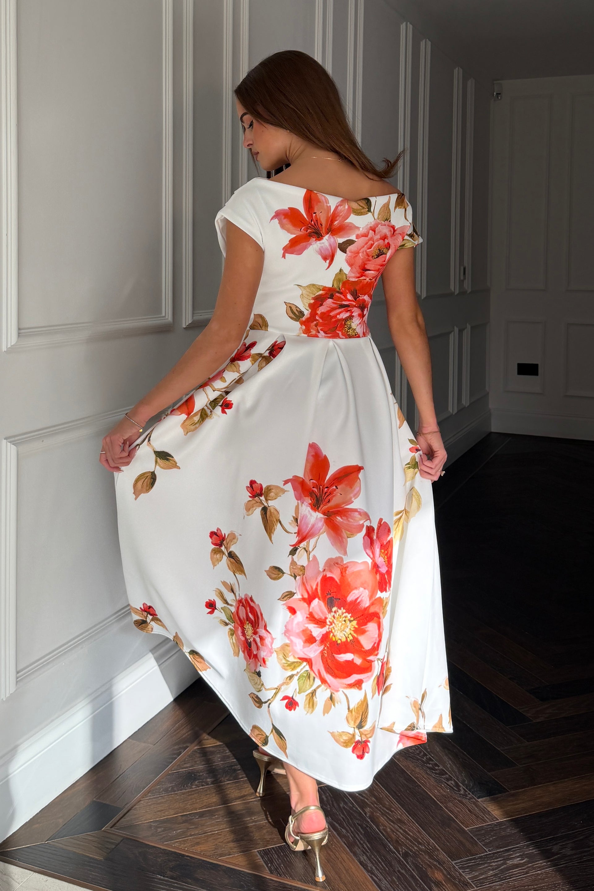 Betty Asymmetric Neckline Skater Midi  Orange Floral