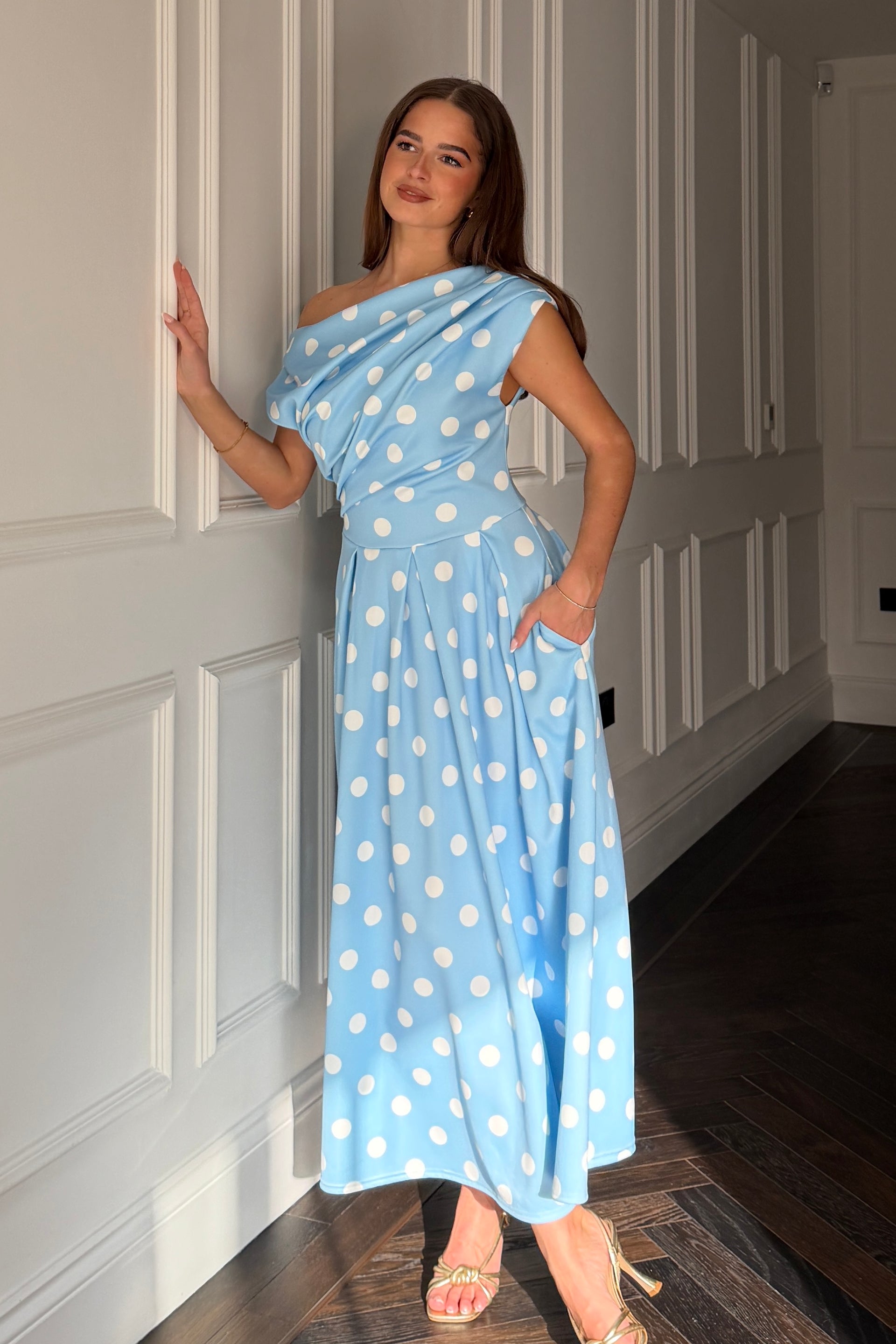 Betty Asymmetric Neckline Skater Midi  Blue Polka
